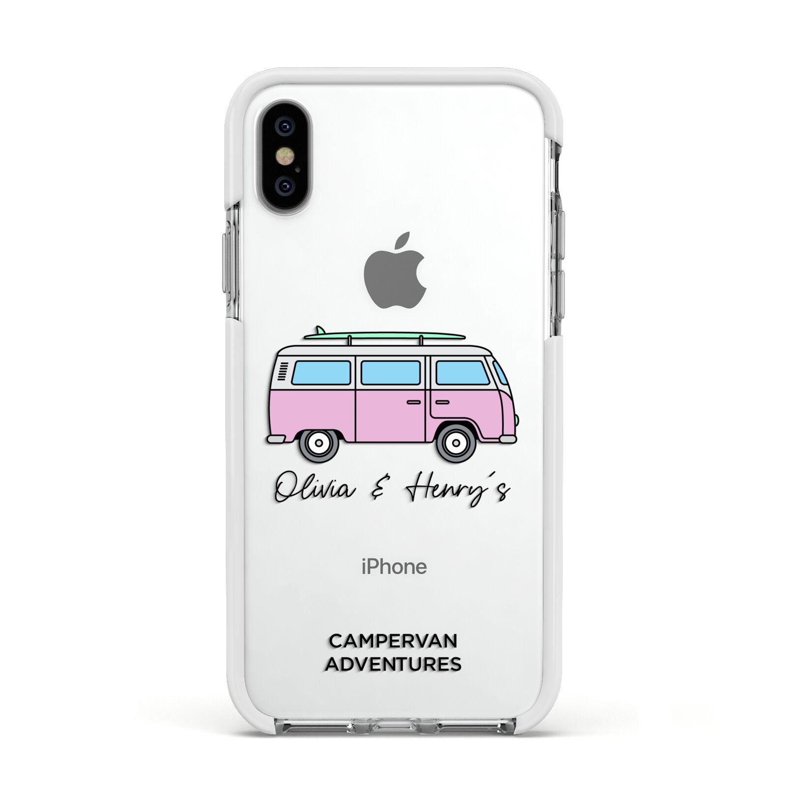 Personalised Campervan Adventures Apple iPhone Xs Impact Case White Edge on Silver Phone