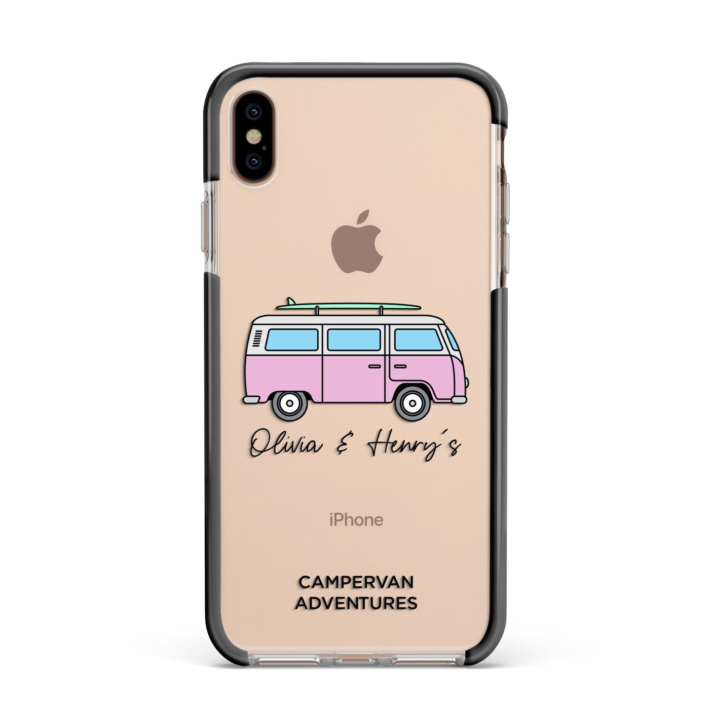 Personalised Campervan Adventures Apple iPhone Xs Max Impact Case Black Edge on Gold Phone