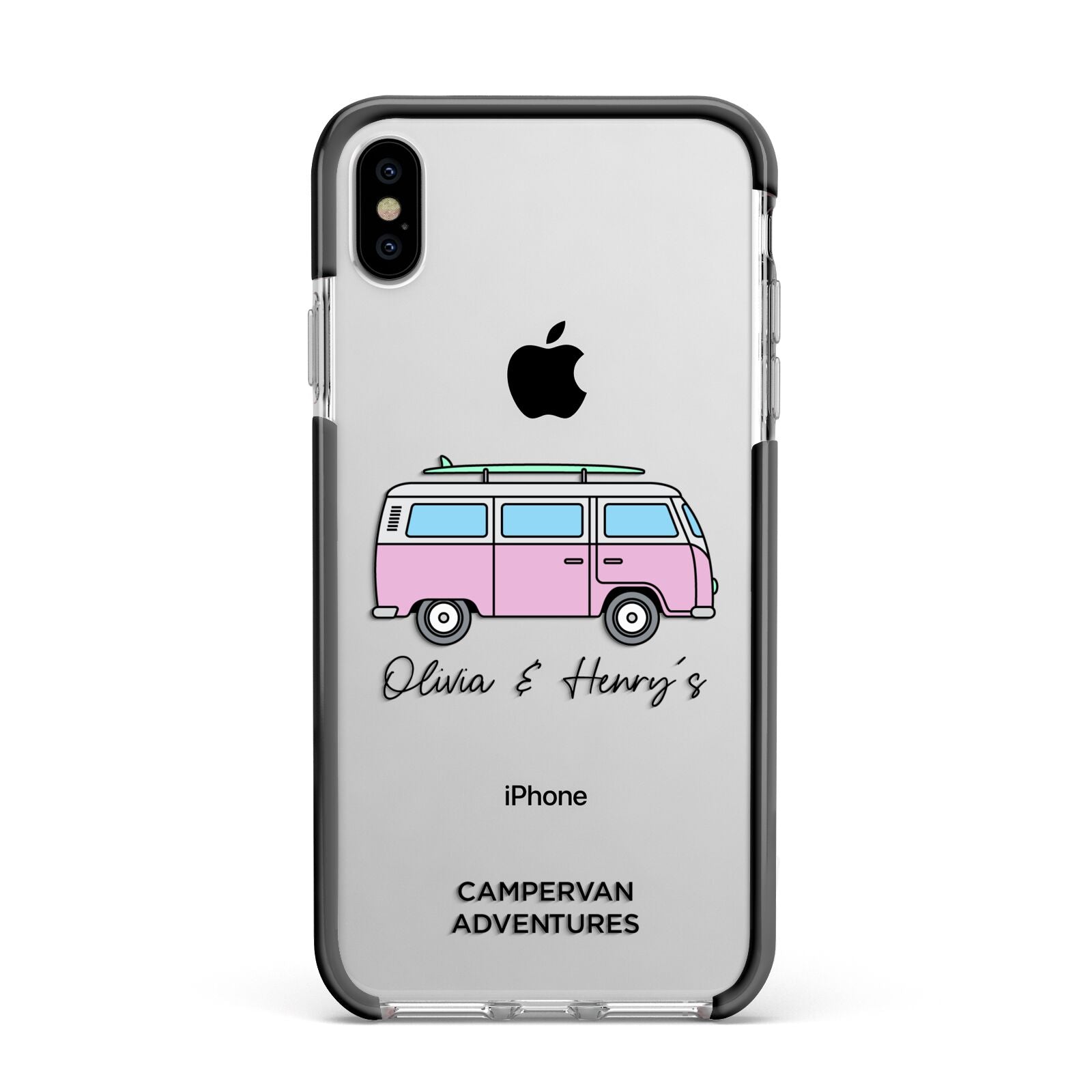 Personalised Campervan Adventures Apple iPhone Xs Max Impact Case Black Edge on Silver Phone