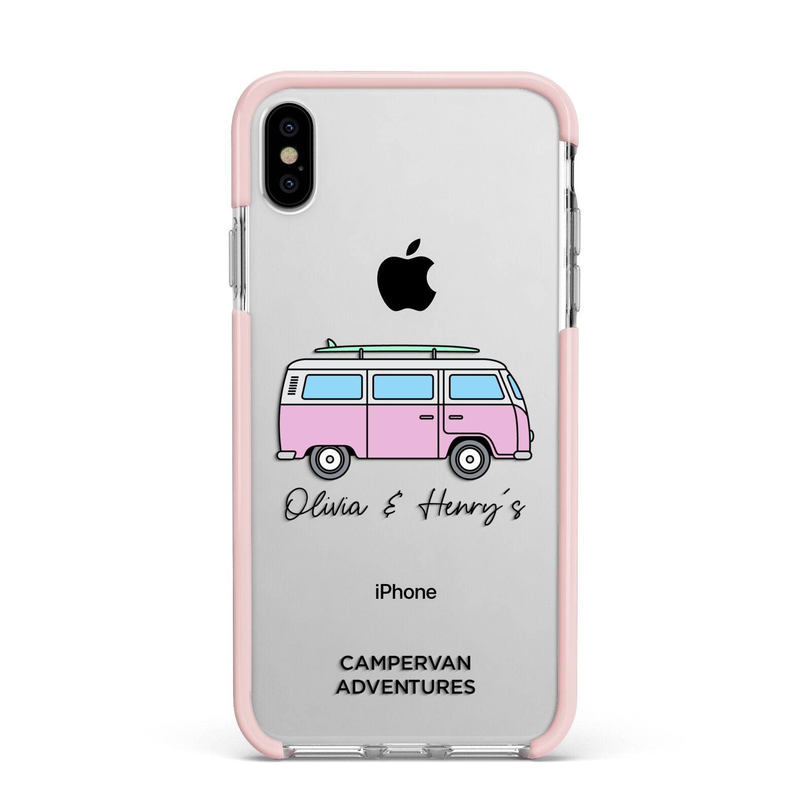 Personalised Campervan Adventures Apple iPhone Xs Max Impact Case Pink Edge on Silver Phone