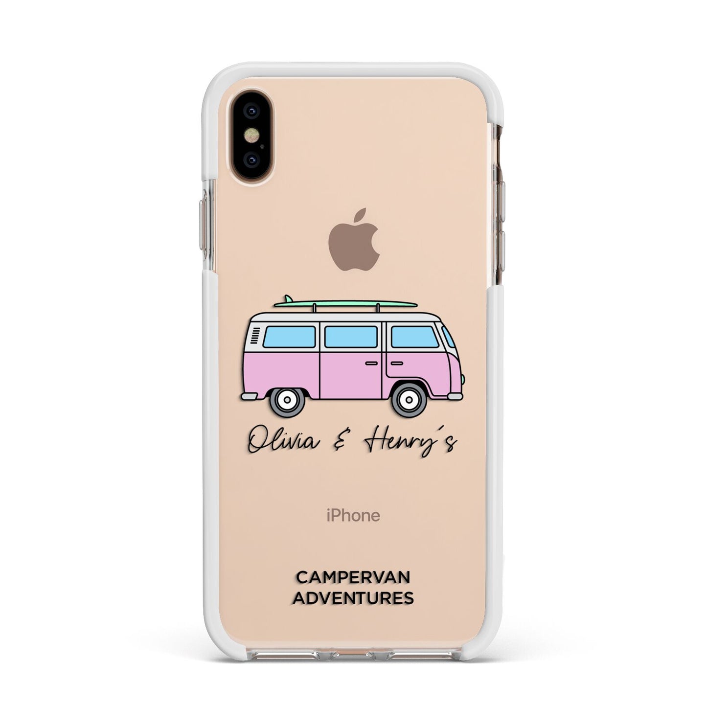 Personalised Campervan Adventures Apple iPhone Xs Max Impact Case White Edge on Gold Phone