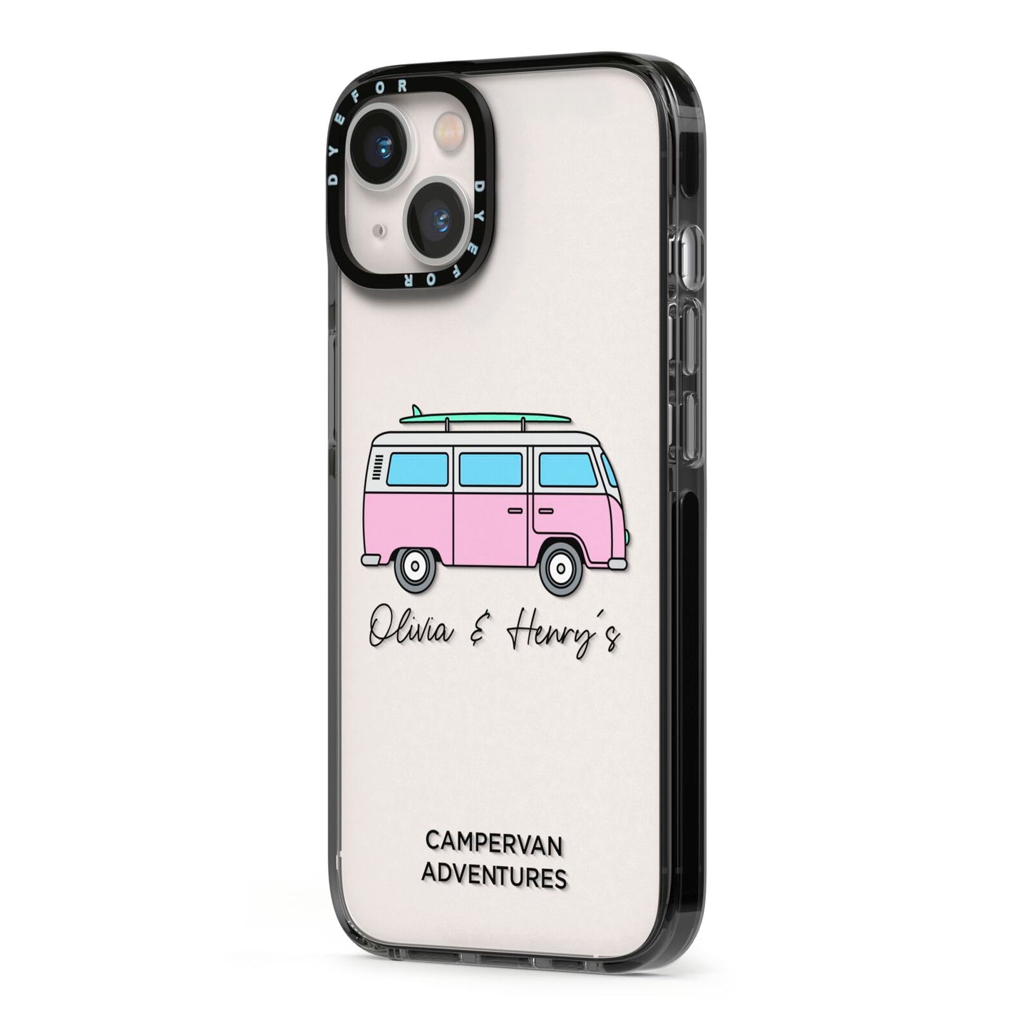 Personalised Campervan Adventures iPhone 13 Black Impact Case Side Angle on Silver phone