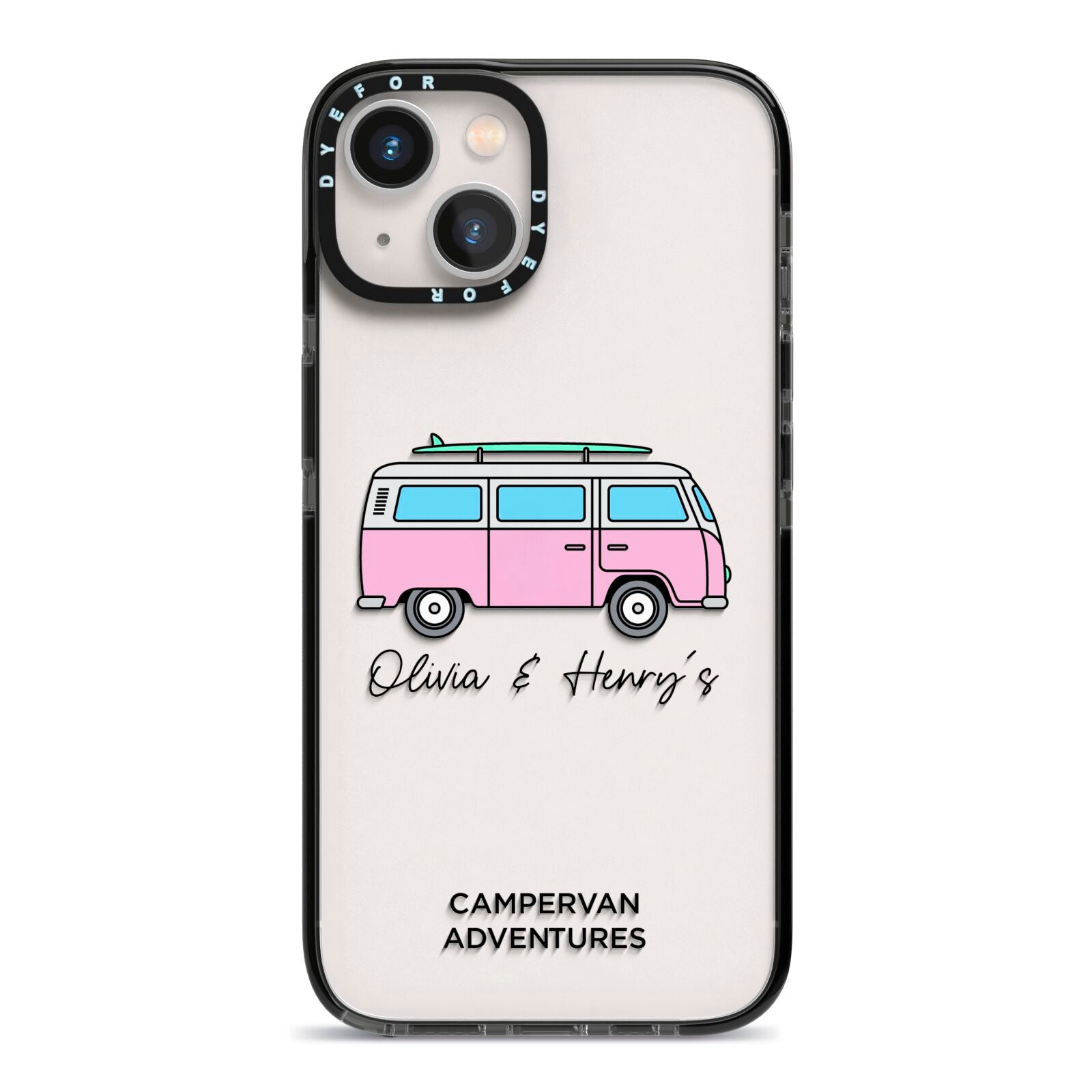 Personalised Campervan Adventures iPhone 13 Black Impact Case on Silver phone