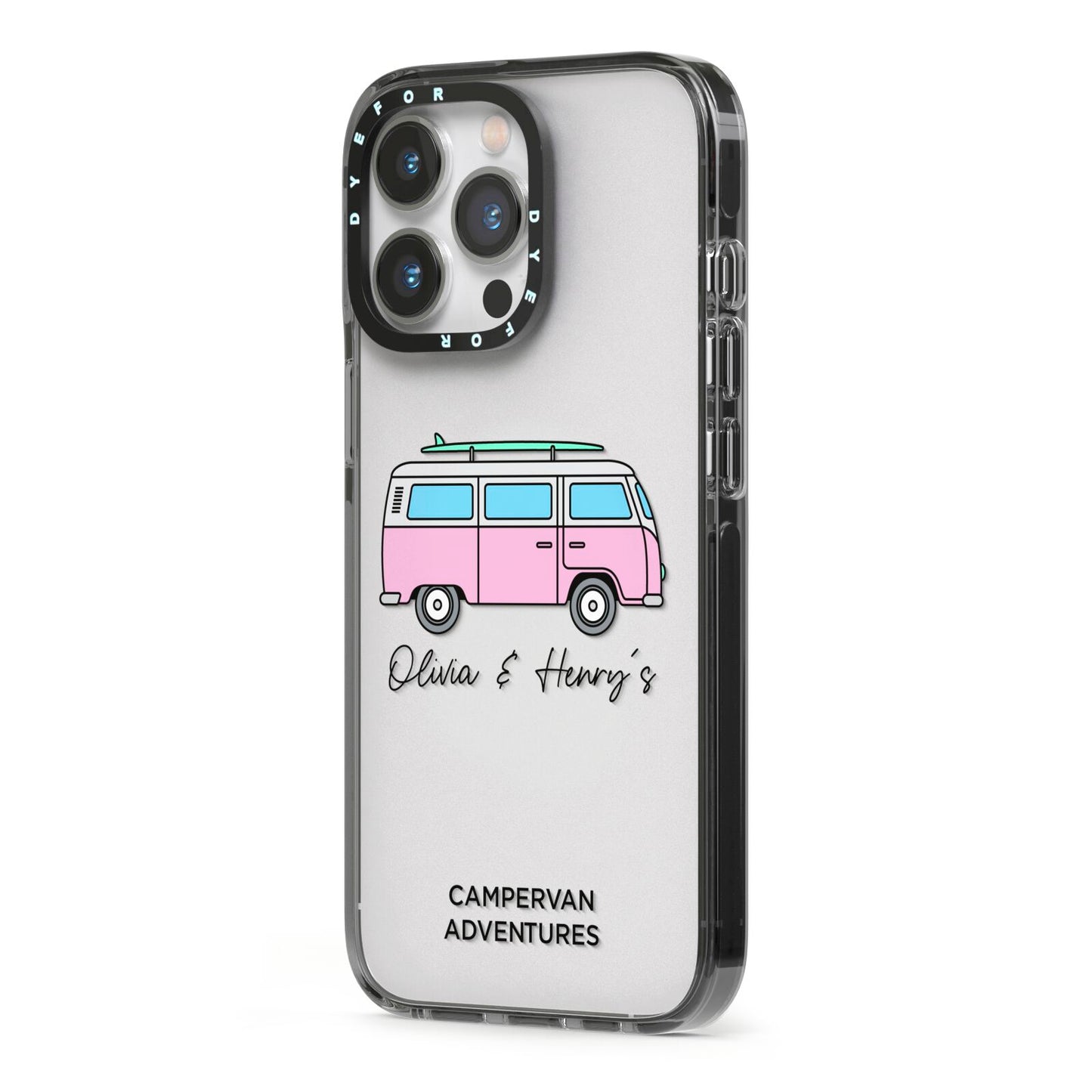 Personalised Campervan Adventures iPhone 13 Pro Black Impact Case Side Angle on Silver phone