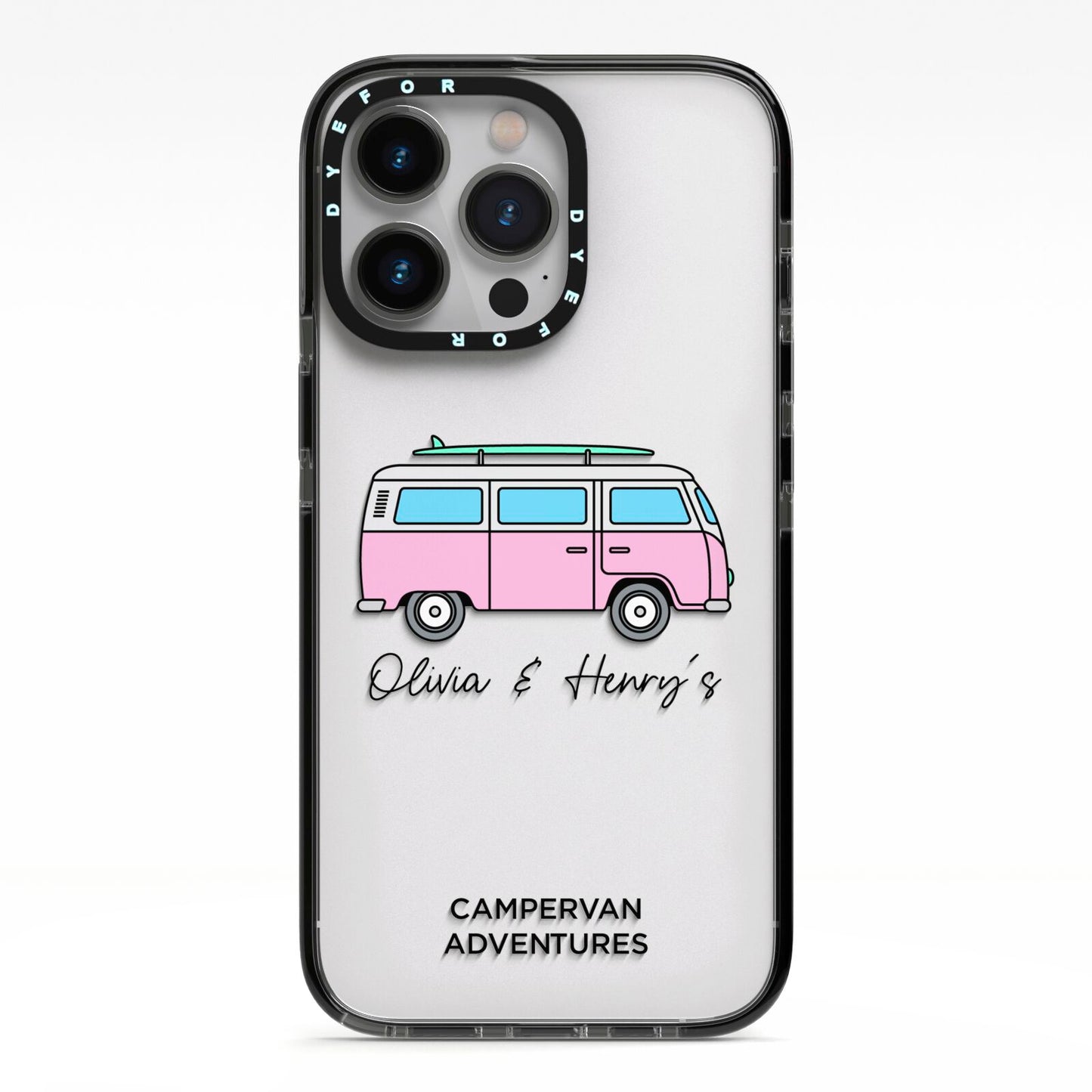 Personalised Campervan Adventures iPhone 13 Pro Black Impact Case on Silver phone