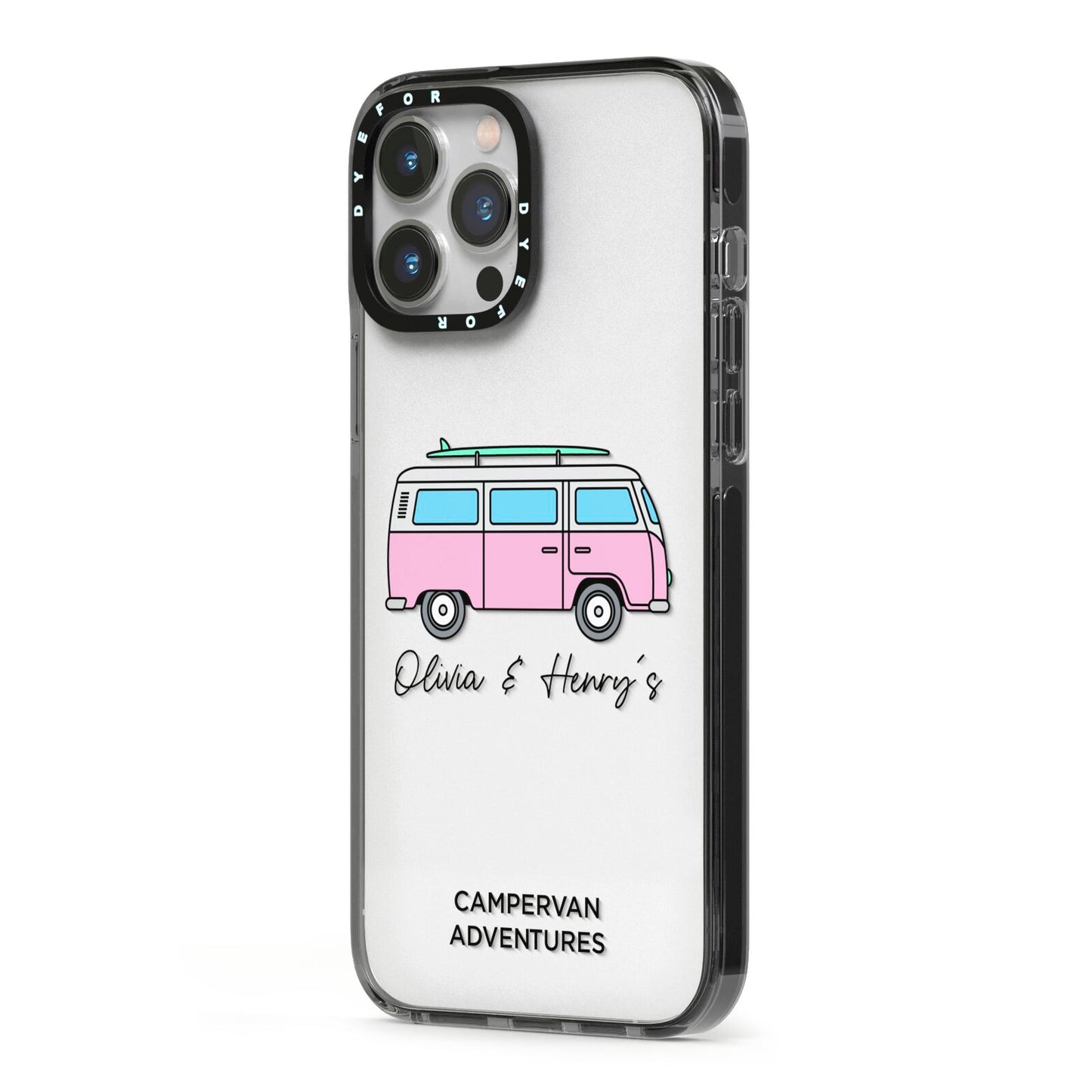 Personalised Campervan Adventures iPhone 13 Pro Max Black Impact Case Side Angle on Silver phone