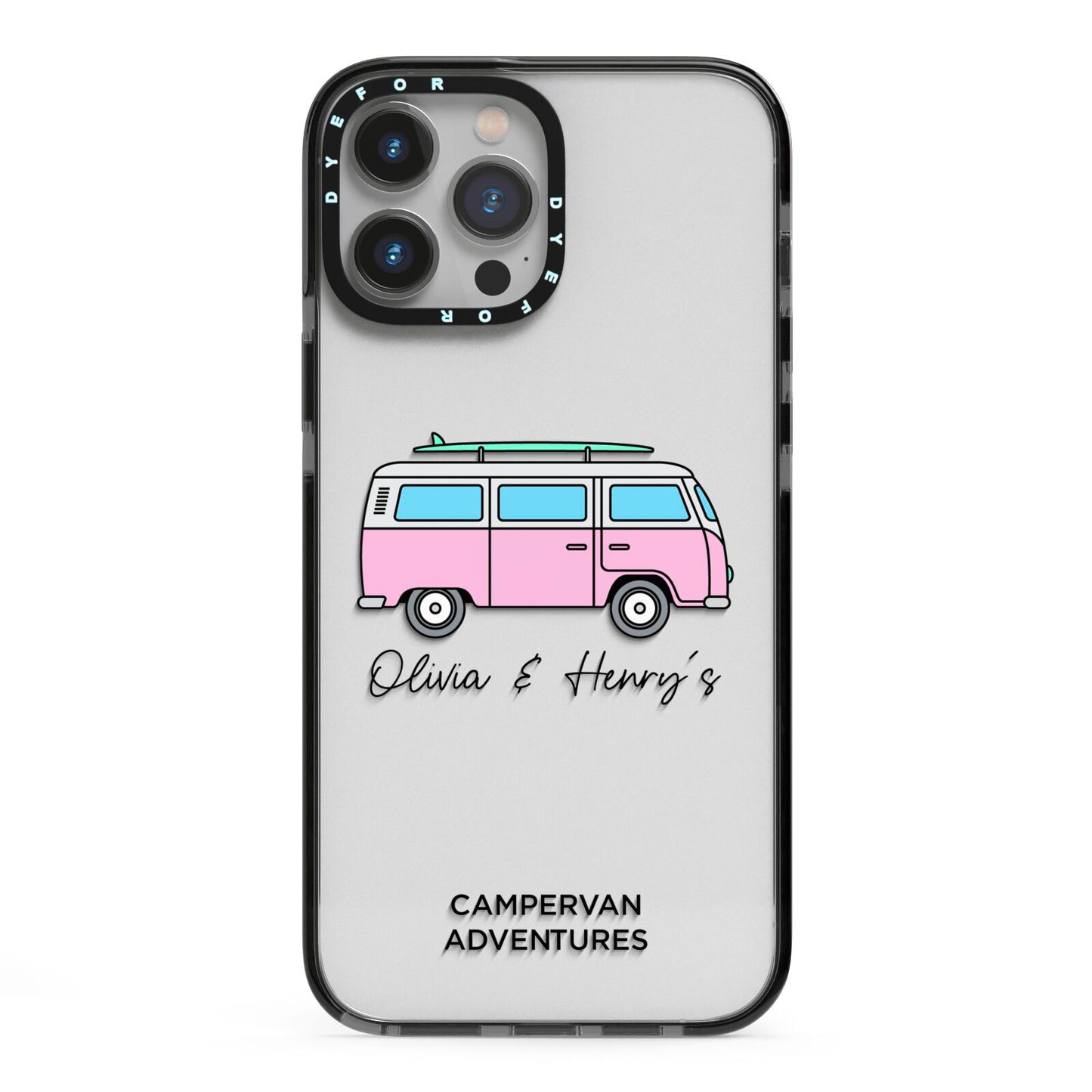 Personalised Campervan Adventures iPhone 13 Pro Max Black Impact Case on Silver phone