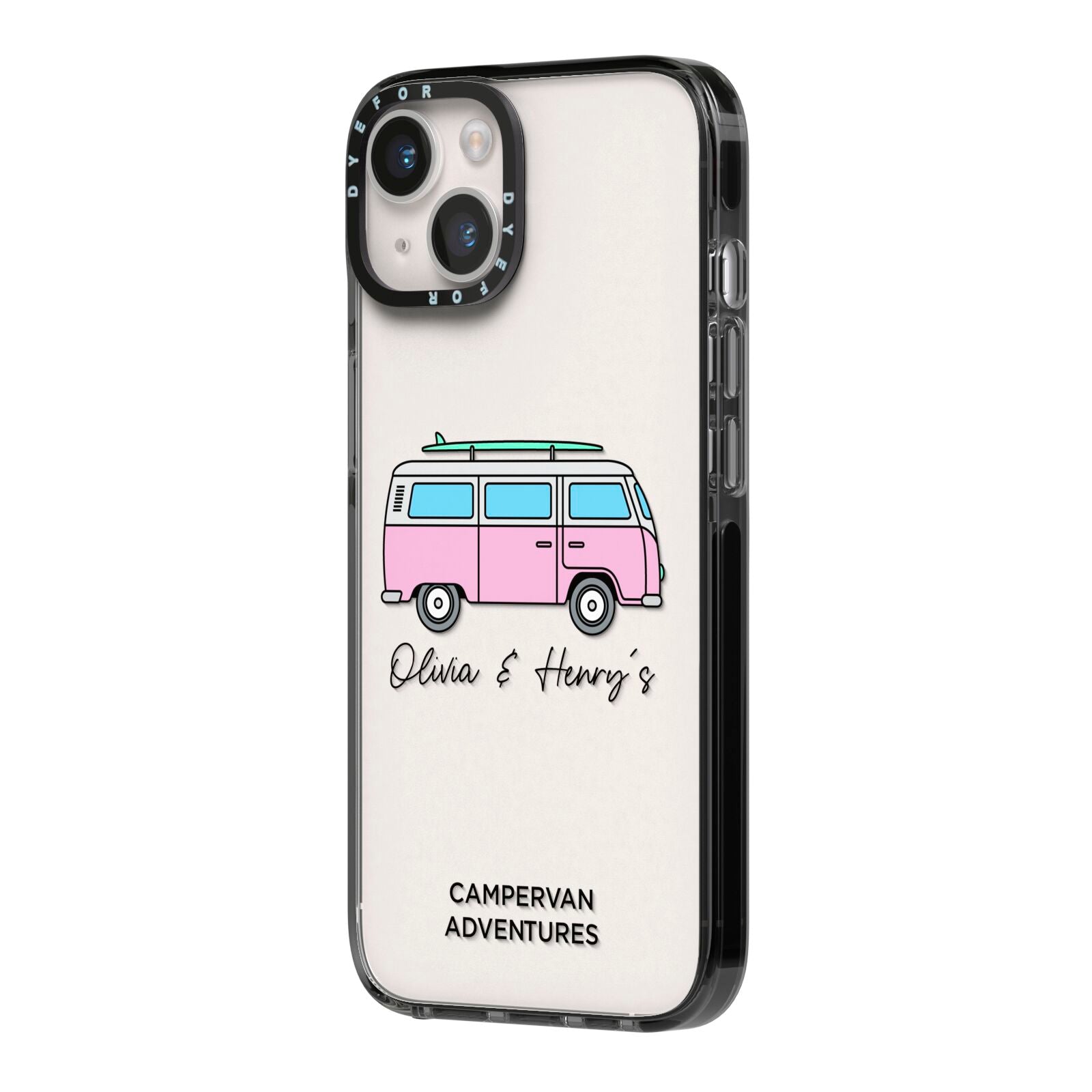 Personalised Campervan Adventures iPhone 14 Black Impact Case Side Angle on Silver phone