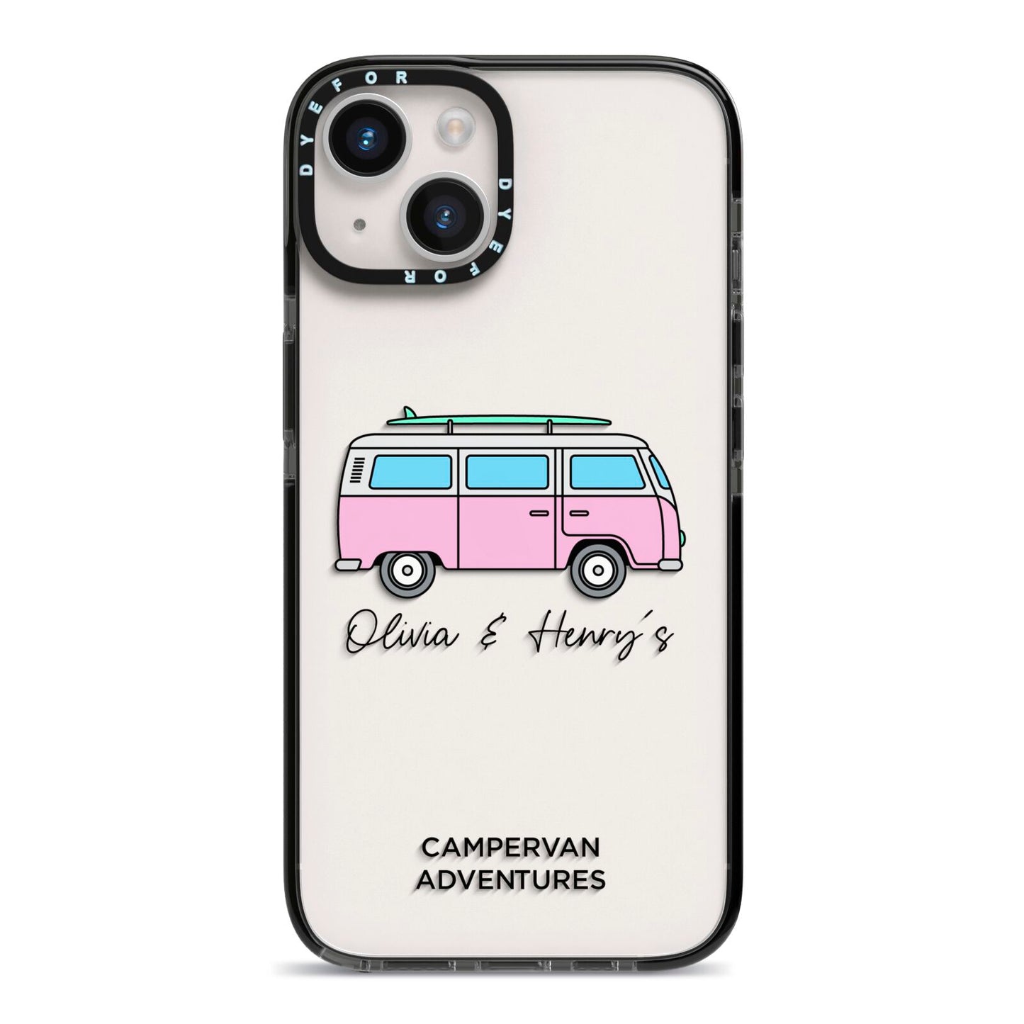 Personalised Campervan Adventures iPhone 14 Black Impact Case on Silver phone