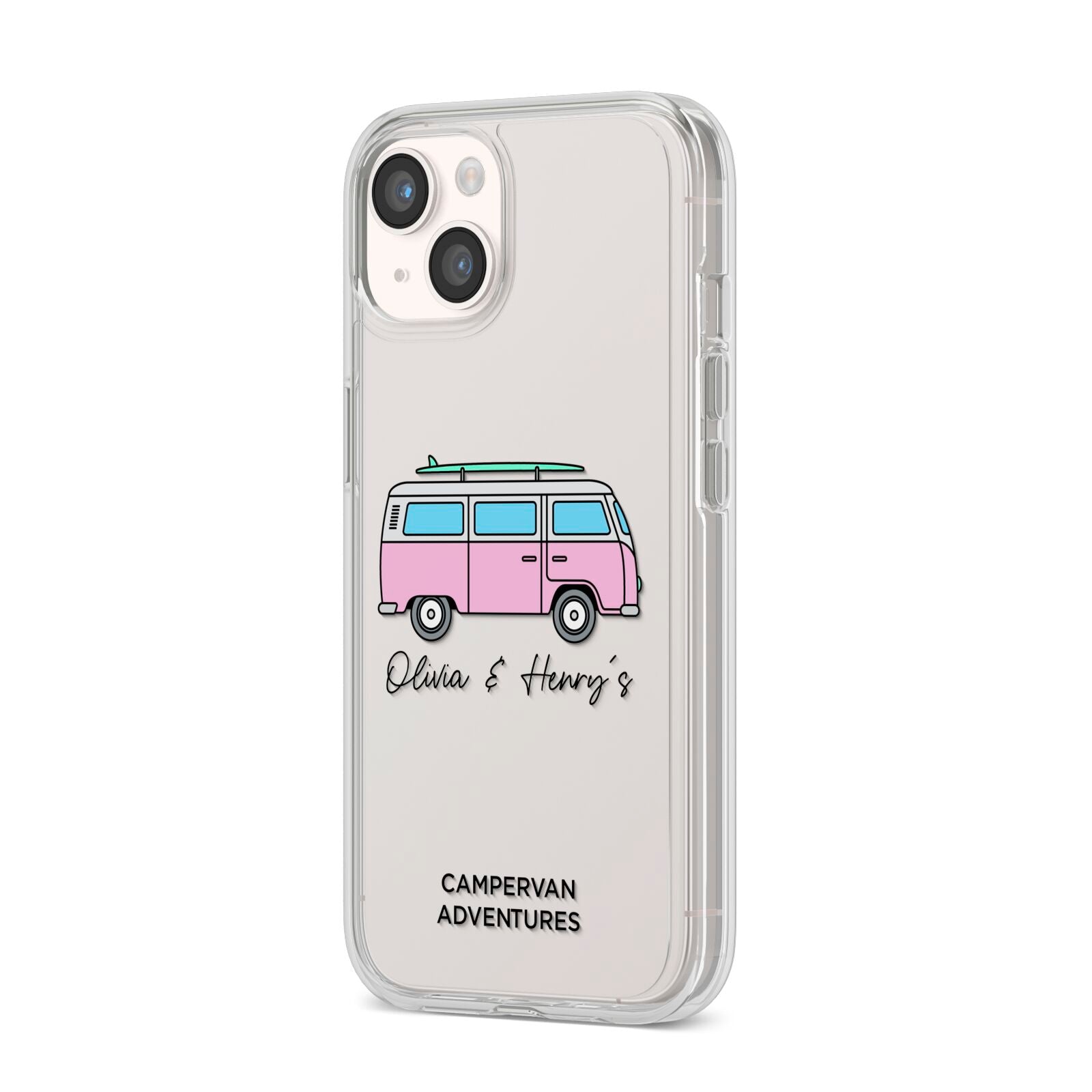 Personalised Campervan Adventures iPhone 14 Clear Tough Case Starlight Angled Image