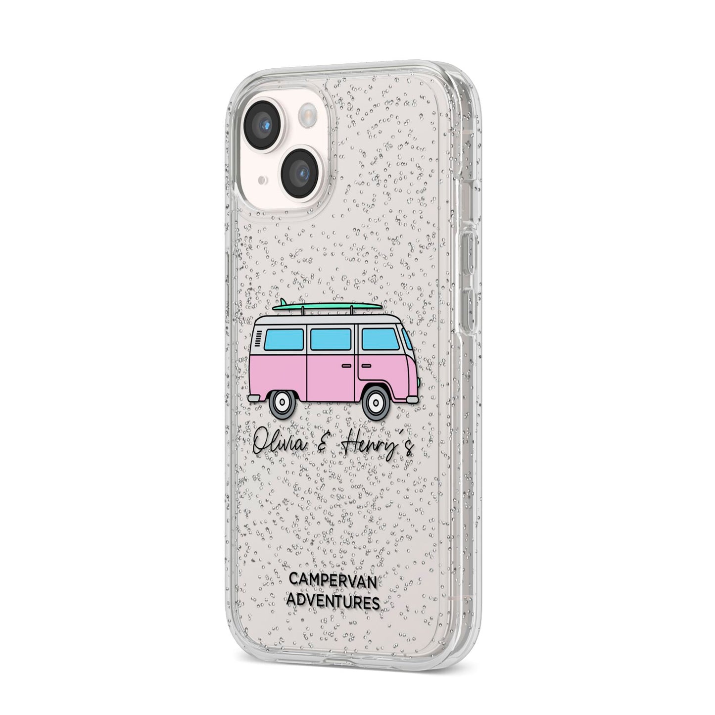 Personalised Campervan Adventures iPhone 14 Glitter Tough Case Starlight Angled Image