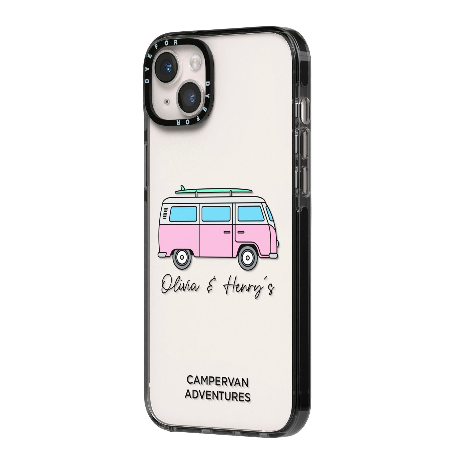 Personalised Campervan Adventures iPhone 14 Plus Black Impact Case Side Angle on Silver phone