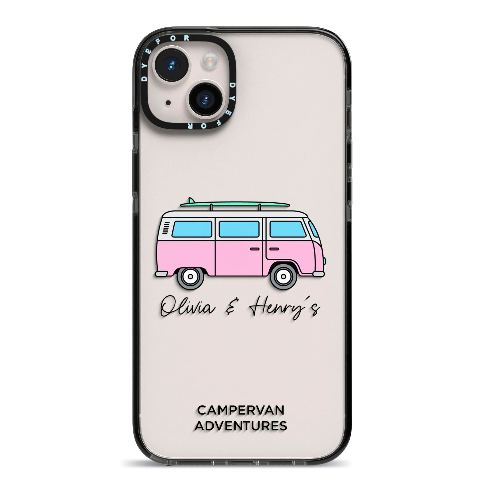 Personalised Campervan Adventures iPhone 14 Plus Black Impact Case on Silver phone