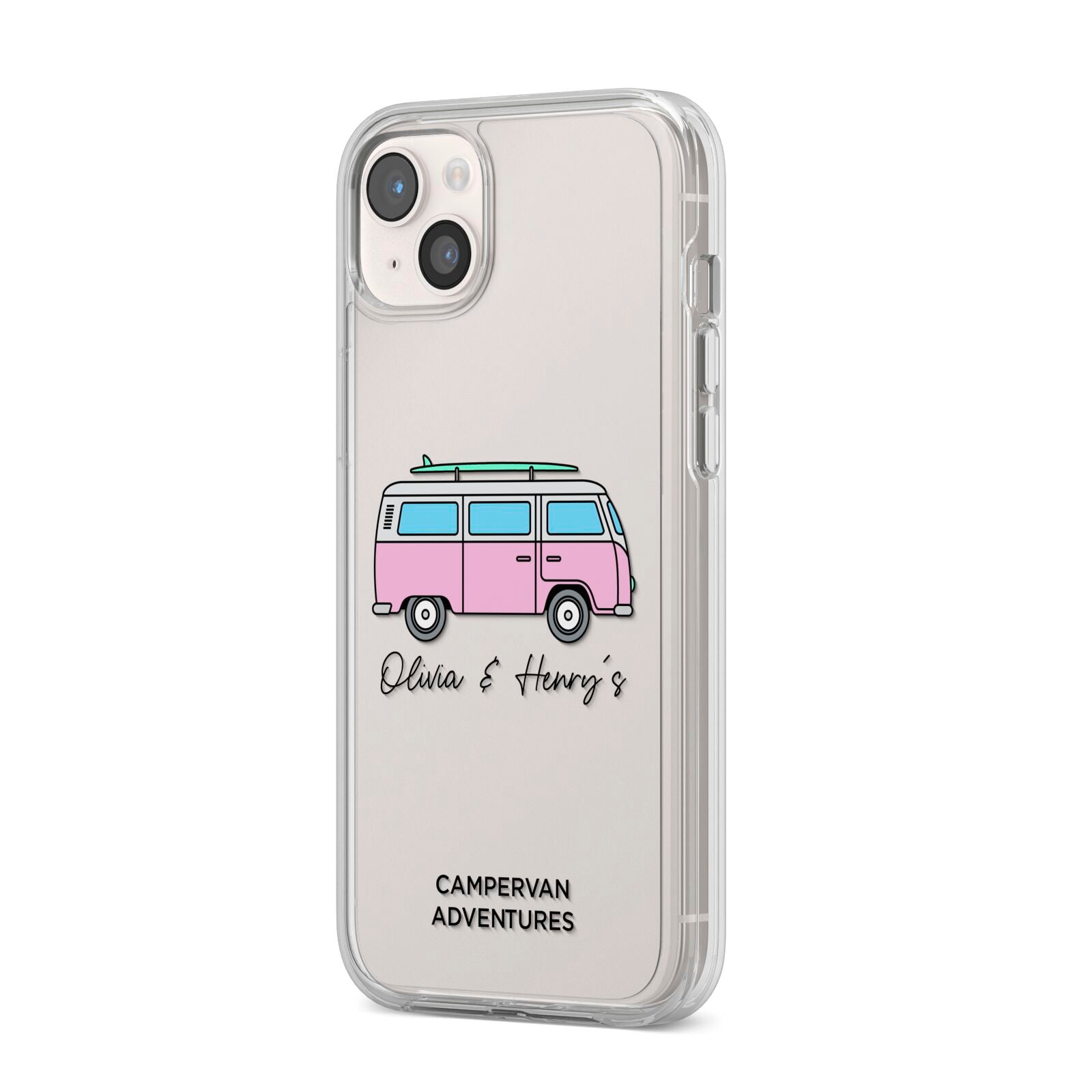 Personalised Campervan Adventures iPhone 14 Plus Clear Tough Case Starlight Angled Image