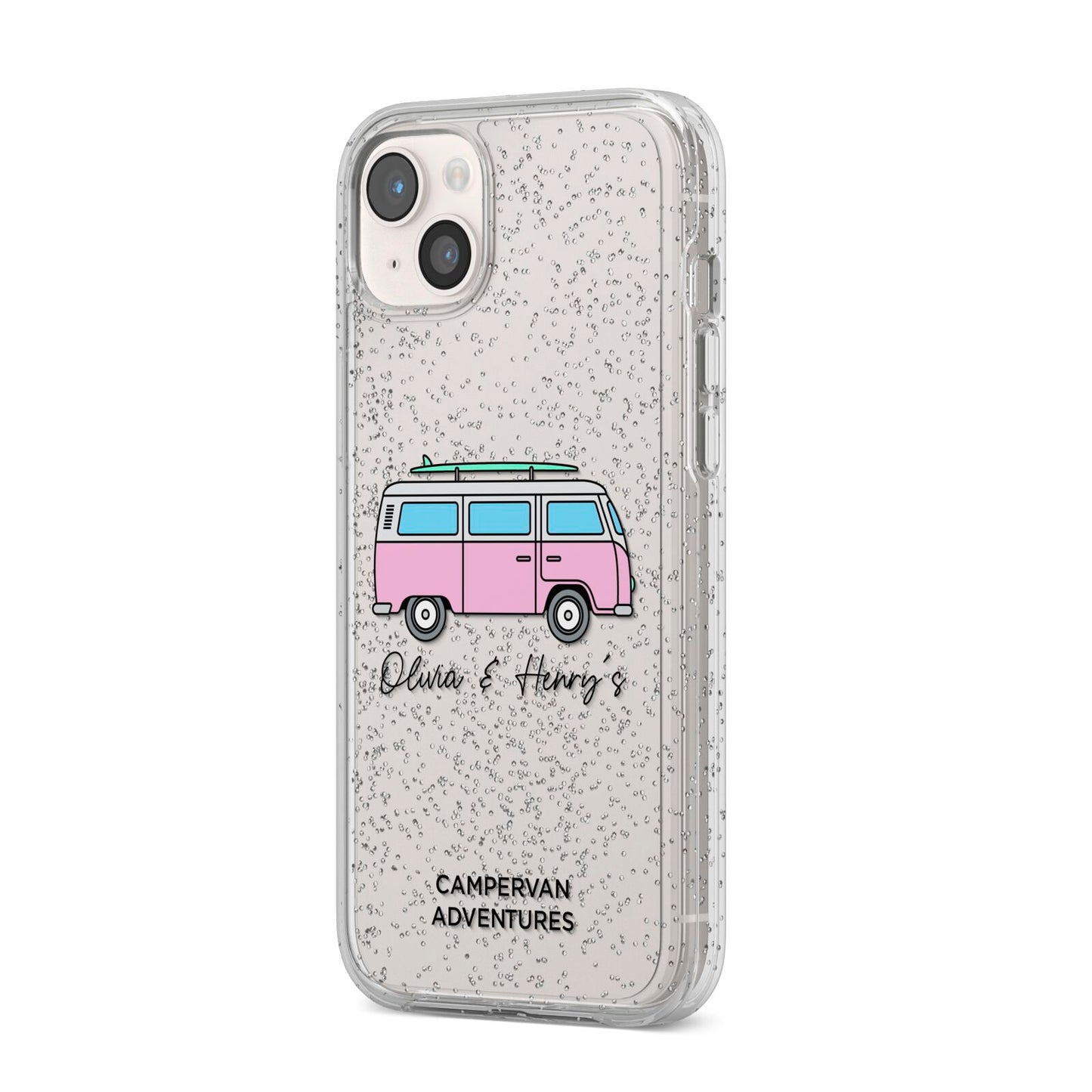 Personalised Campervan Adventures iPhone 14 Plus Glitter Tough Case Starlight Angled Image