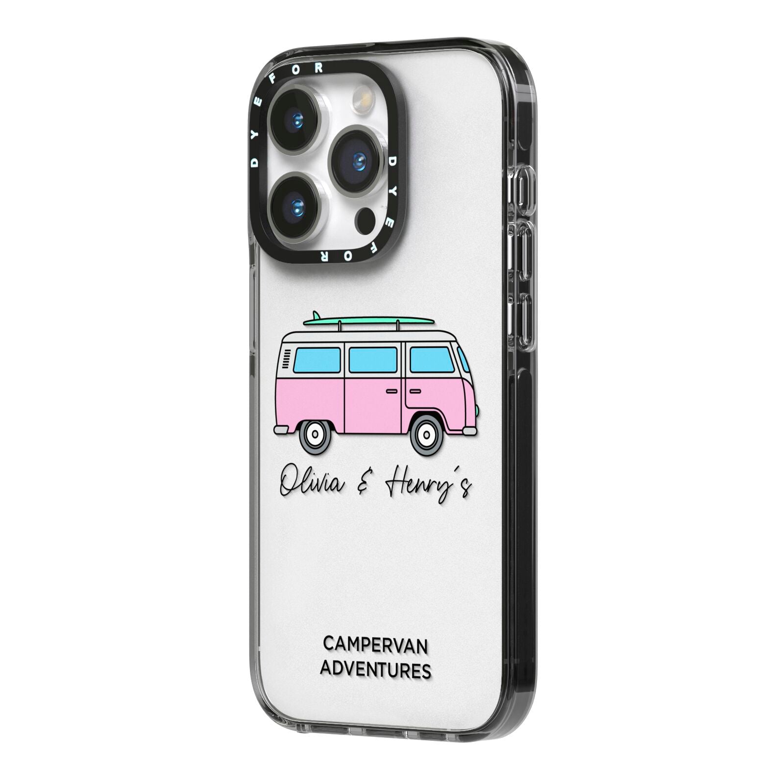 Personalised Campervan Adventures iPhone 14 Pro Black Impact Case Side Angle on Silver phone