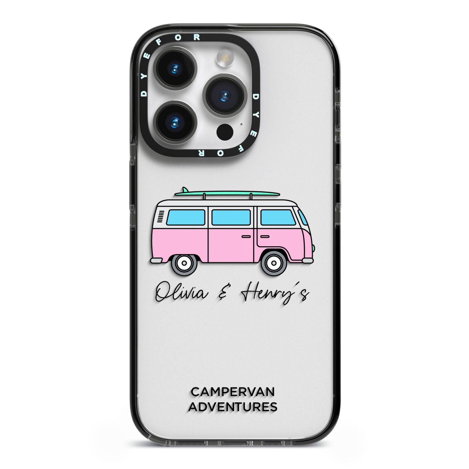 Personalised Campervan Adventures iPhone 14 Pro Black Impact Case on Silver phone