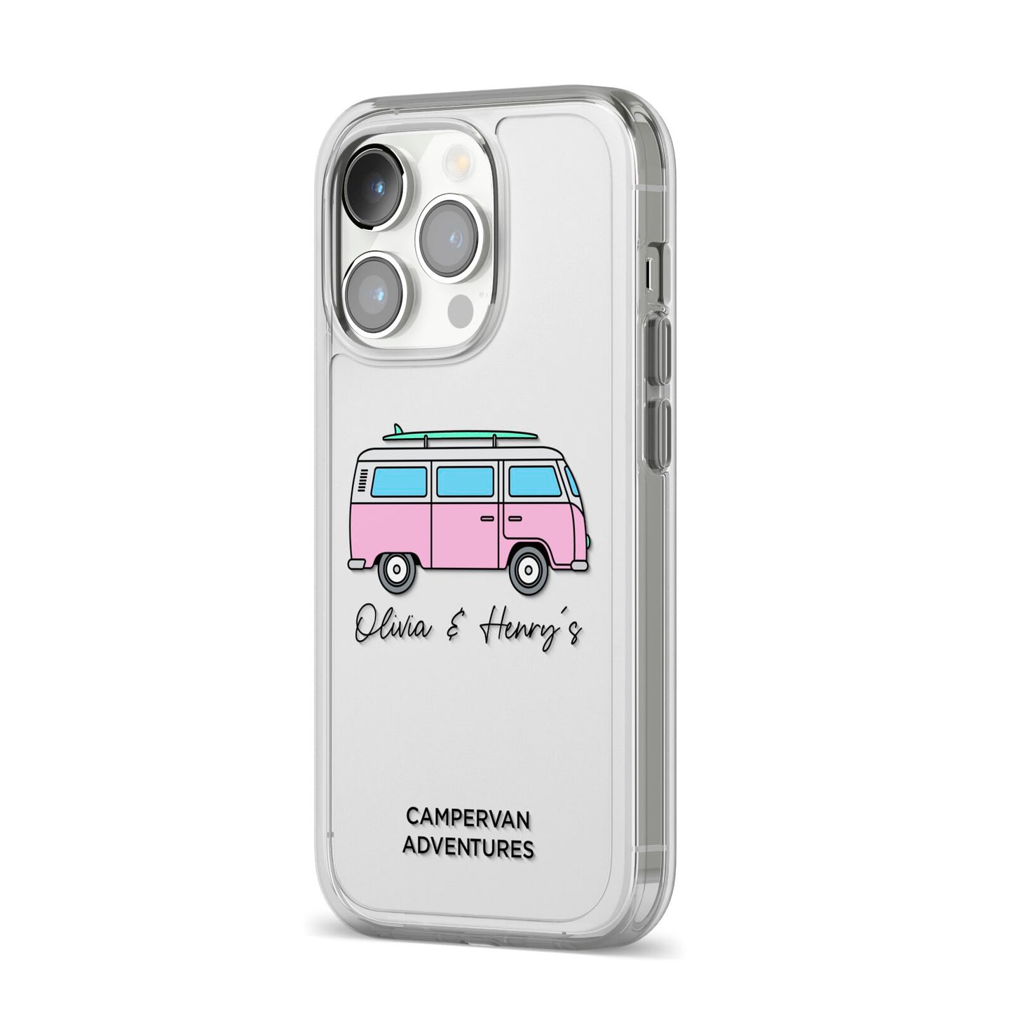 Personalised Campervan Adventures iPhone 14 Pro Clear Tough Case Silver Angled Image