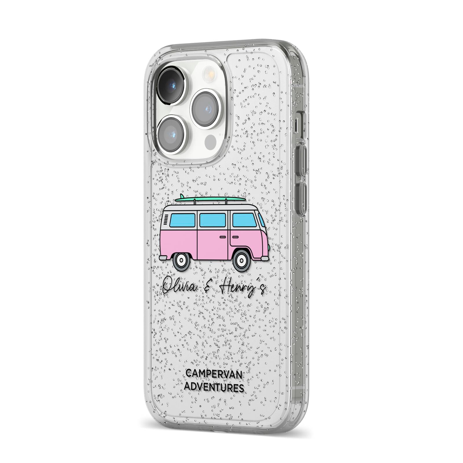 Personalised Campervan Adventures iPhone 14 Pro Glitter Tough Case Silver Angled Image