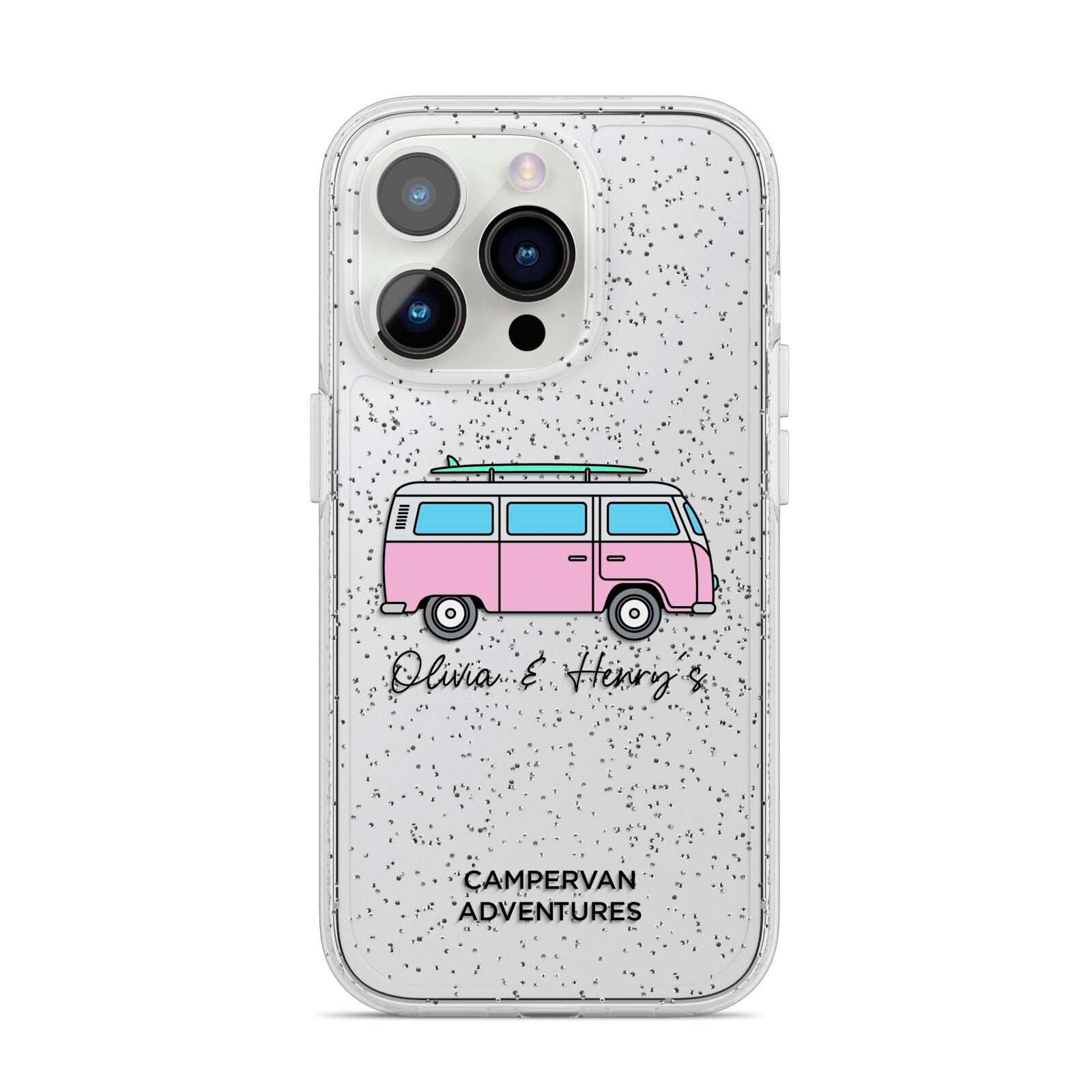 Personalised Campervan Adventures iPhone 14 Pro Glitter Tough Case Silver