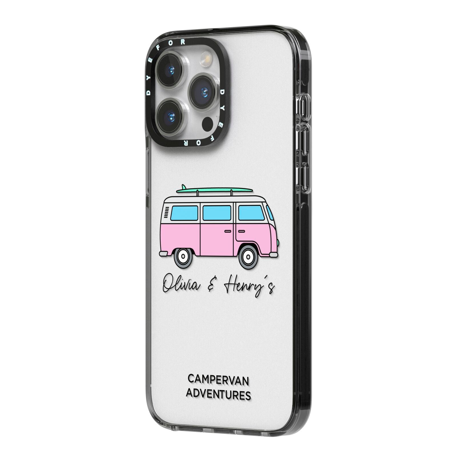 Personalised Campervan Adventures iPhone 14 Pro Max Black Impact Case Side Angle on Silver phone