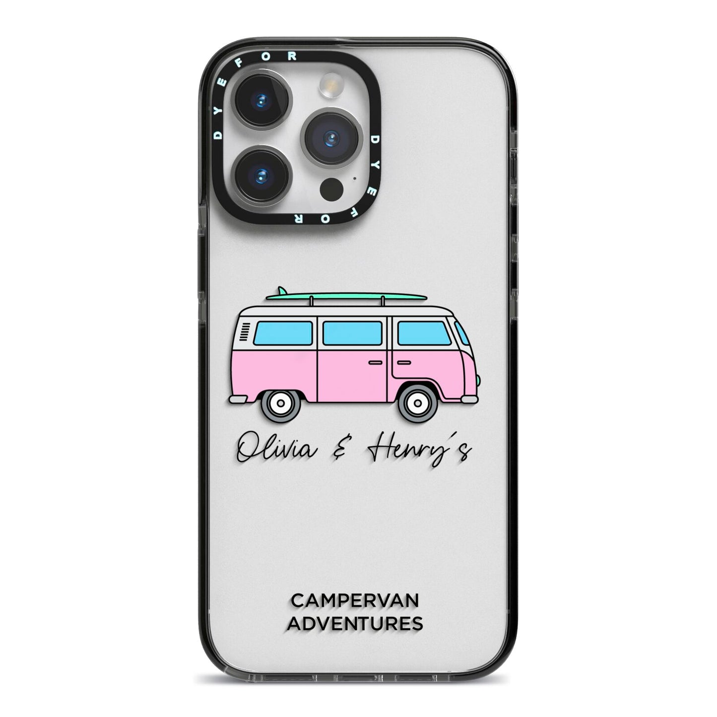 Personalised Campervan Adventures iPhone 14 Pro Max Black Impact Case on Silver phone