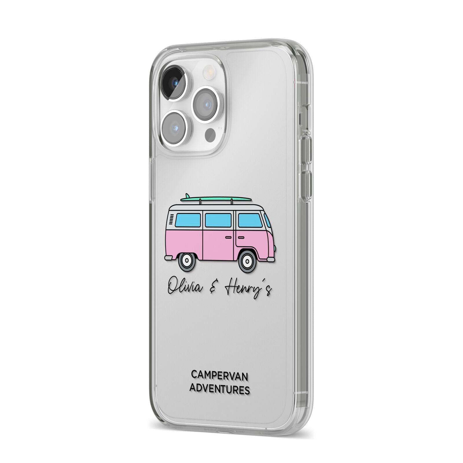 Personalised Campervan Adventures iPhone 14 Pro Max Clear Tough Case Silver Angled Image