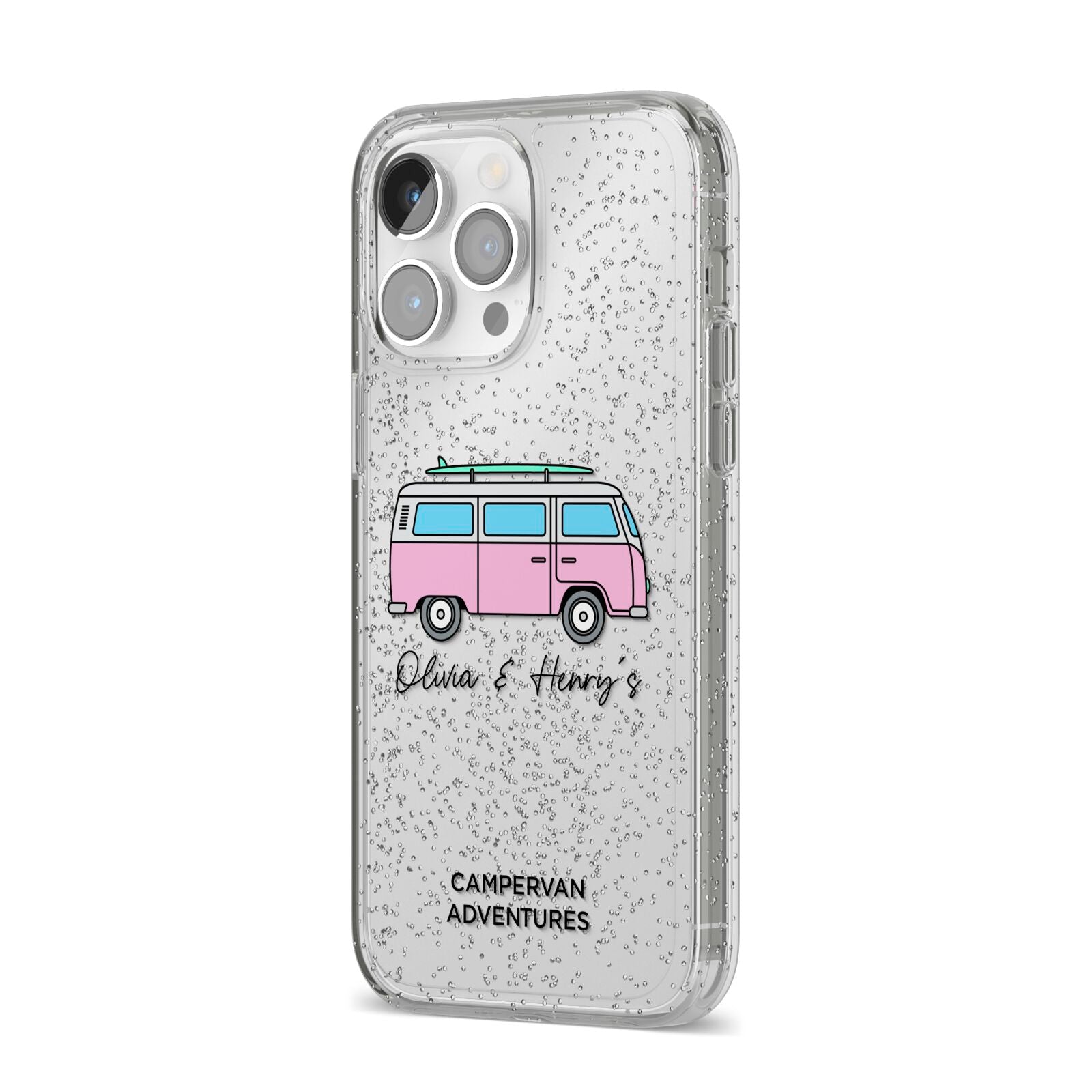 Personalised Campervan Adventures iPhone 14 Pro Max Glitter Tough Case Silver Angled Image