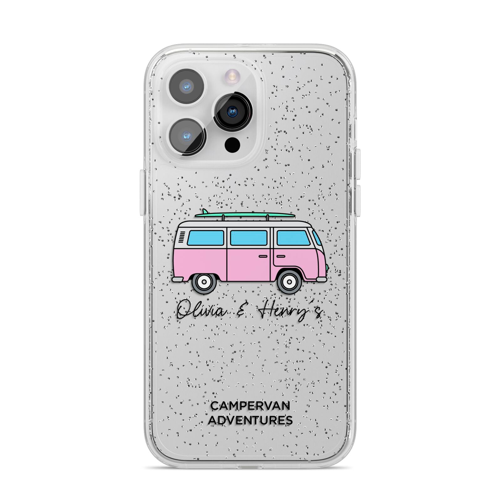 Personalised Campervan Adventures iPhone 14 Pro Max Glitter Tough Case Silver