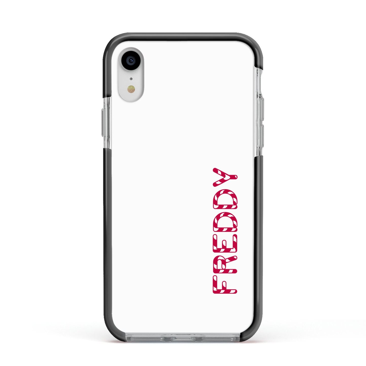 Personalised Candy Cane Name Apple iPhone XR Impact Case Black Edge on Silver Phone