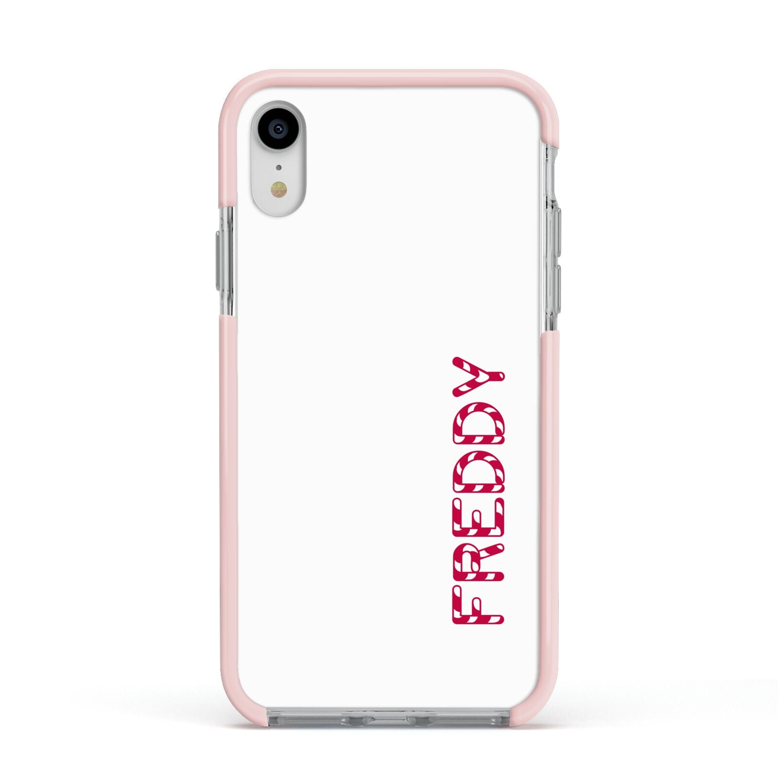 Personalised Candy Cane Name Apple iPhone XR Impact Case Pink Edge on Silver Phone