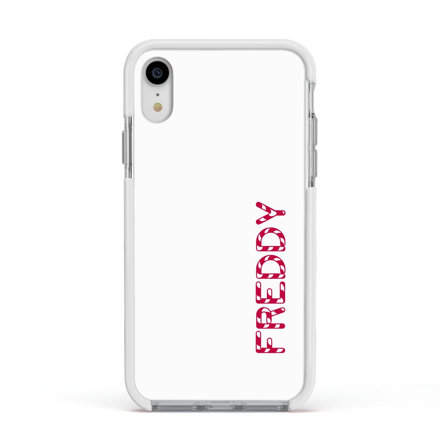 Personalised Candy Cane Name Apple iPhone XR Impact Case White Edge on Silver Phone