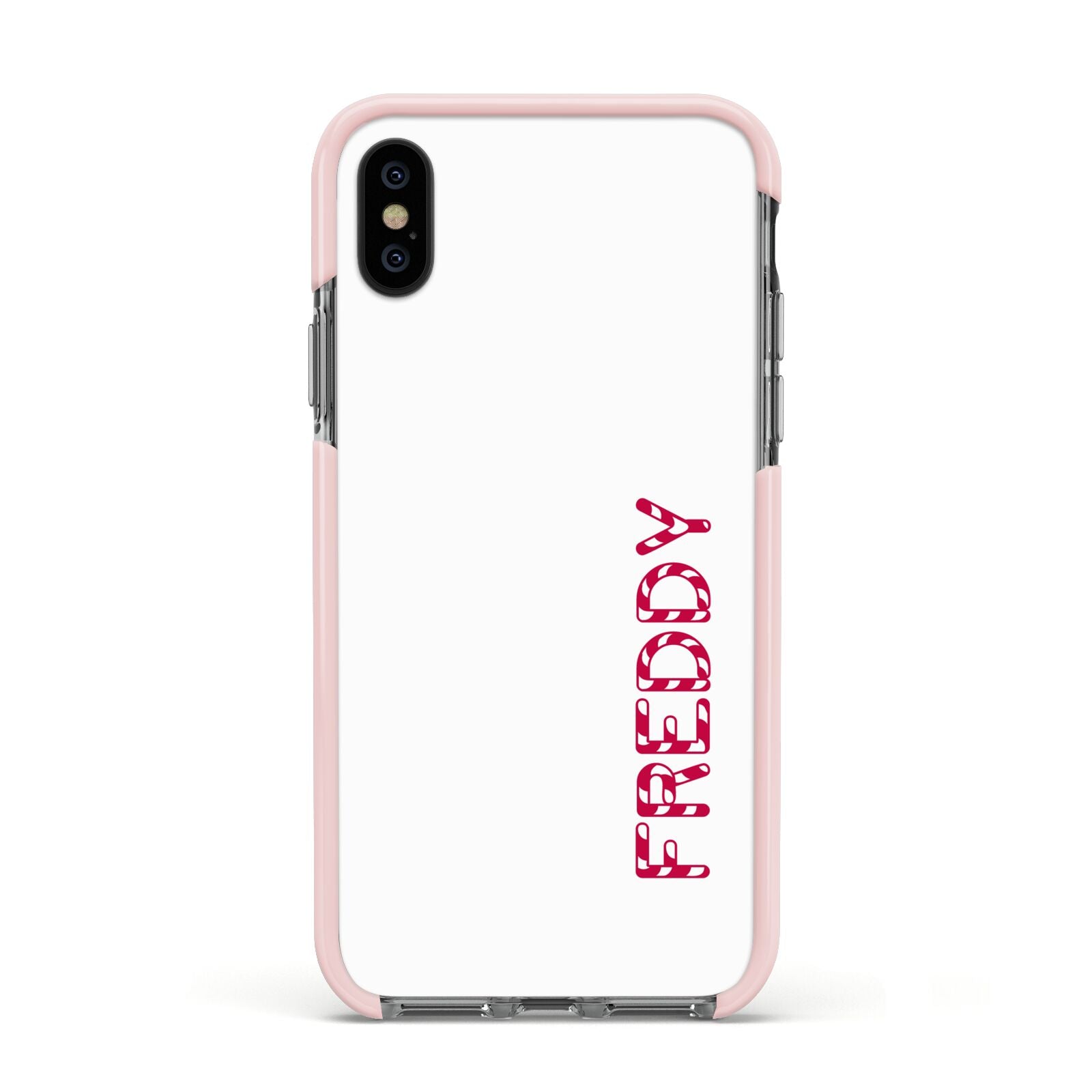 Personalised Candy Cane Name Apple iPhone Xs Impact Case Pink Edge on Black Phone