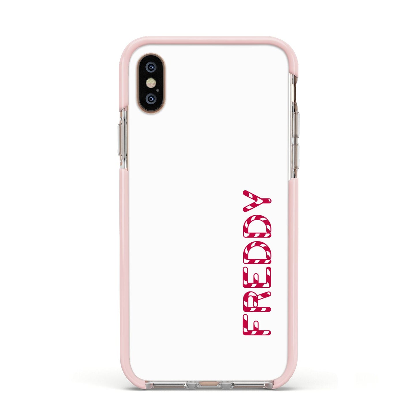 Personalised Candy Cane Name Apple iPhone Xs Impact Case Pink Edge on Gold Phone