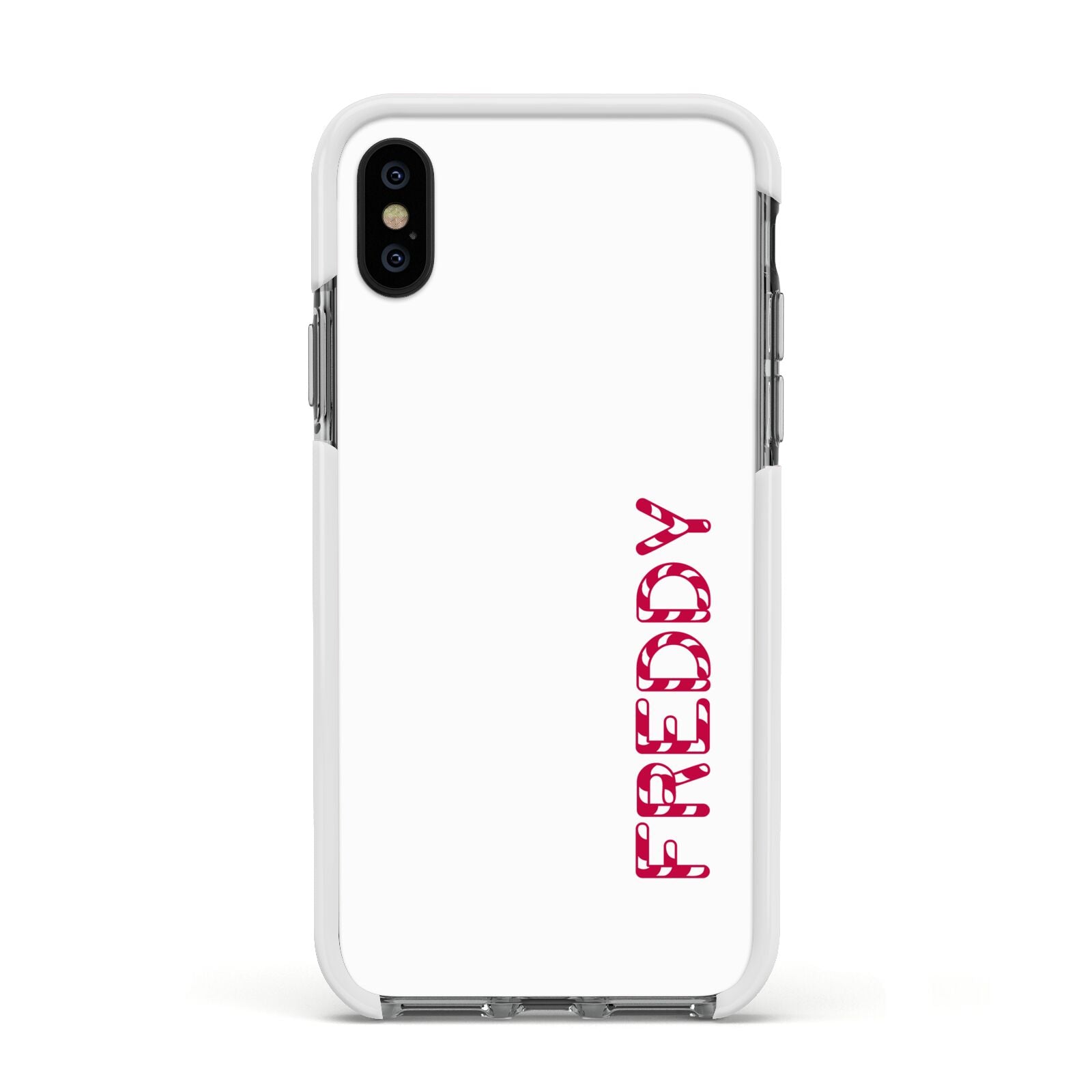 Personalised Candy Cane Name Apple iPhone Xs Impact Case White Edge on Black Phone