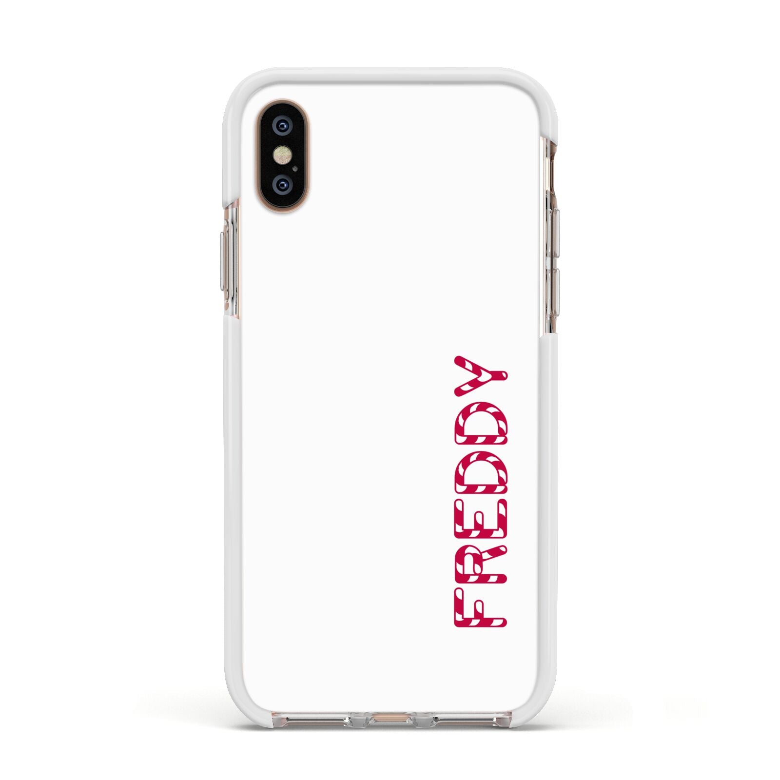 Personalised Candy Cane Name Apple iPhone Xs Impact Case White Edge on Gold Phone