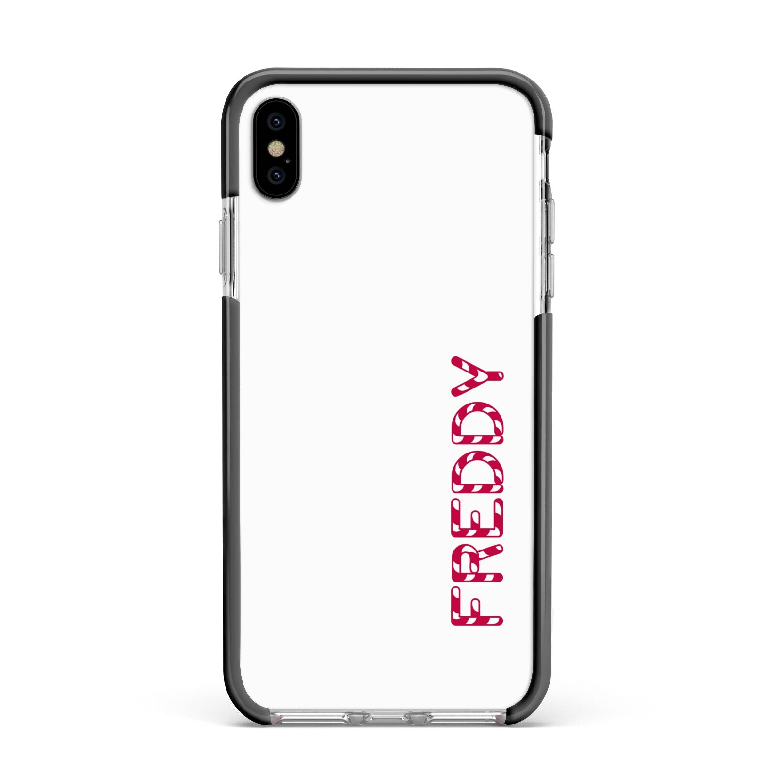 Personalised Candy Cane Name Apple iPhone Xs Max Impact Case Black Edge on Silver Phone