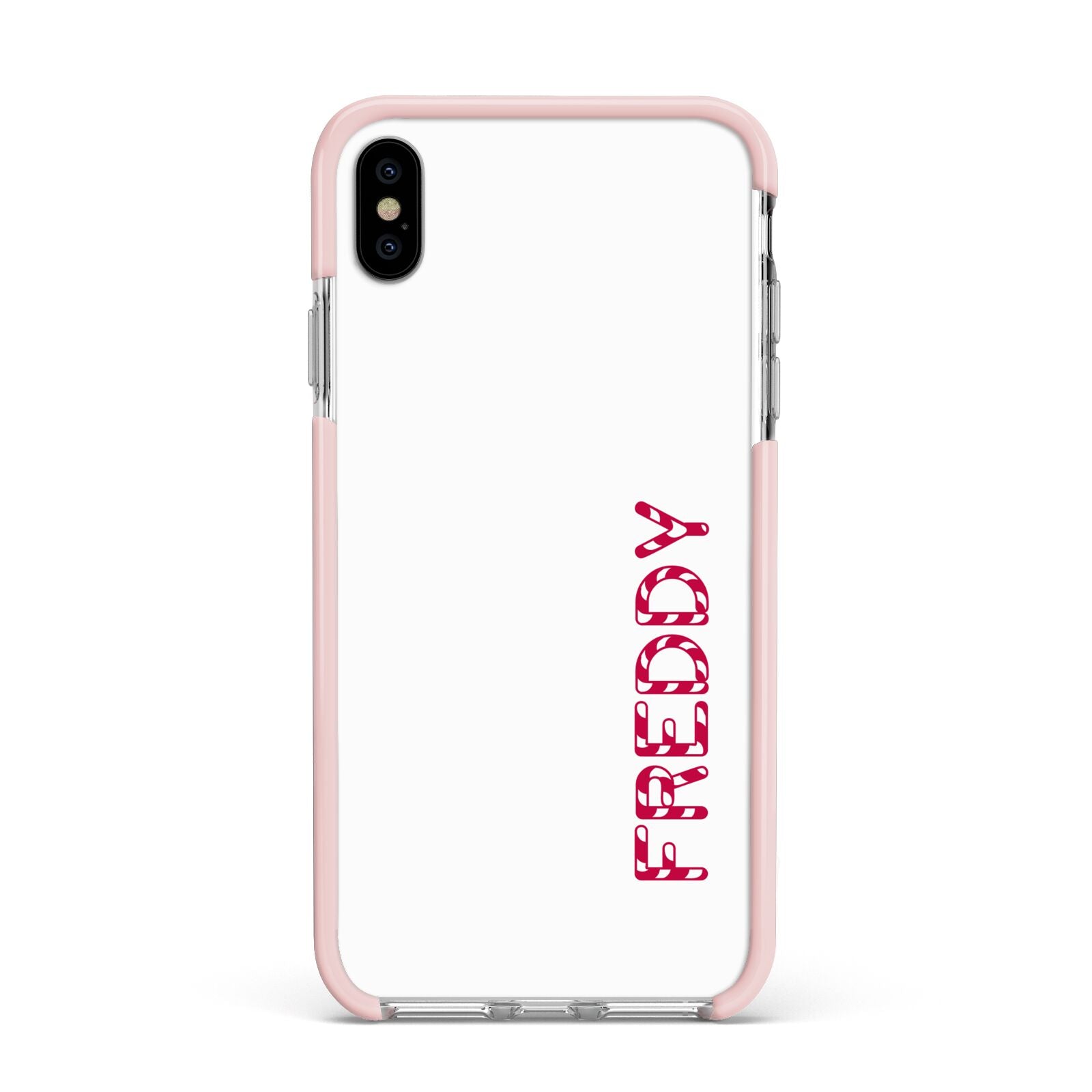 Personalised Candy Cane Name Apple iPhone Xs Max Impact Case Pink Edge on Silver Phone