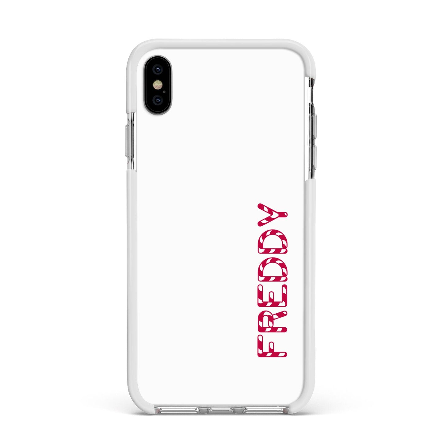 Personalised Candy Cane Name Apple iPhone Xs Max Impact Case White Edge on Silver Phone