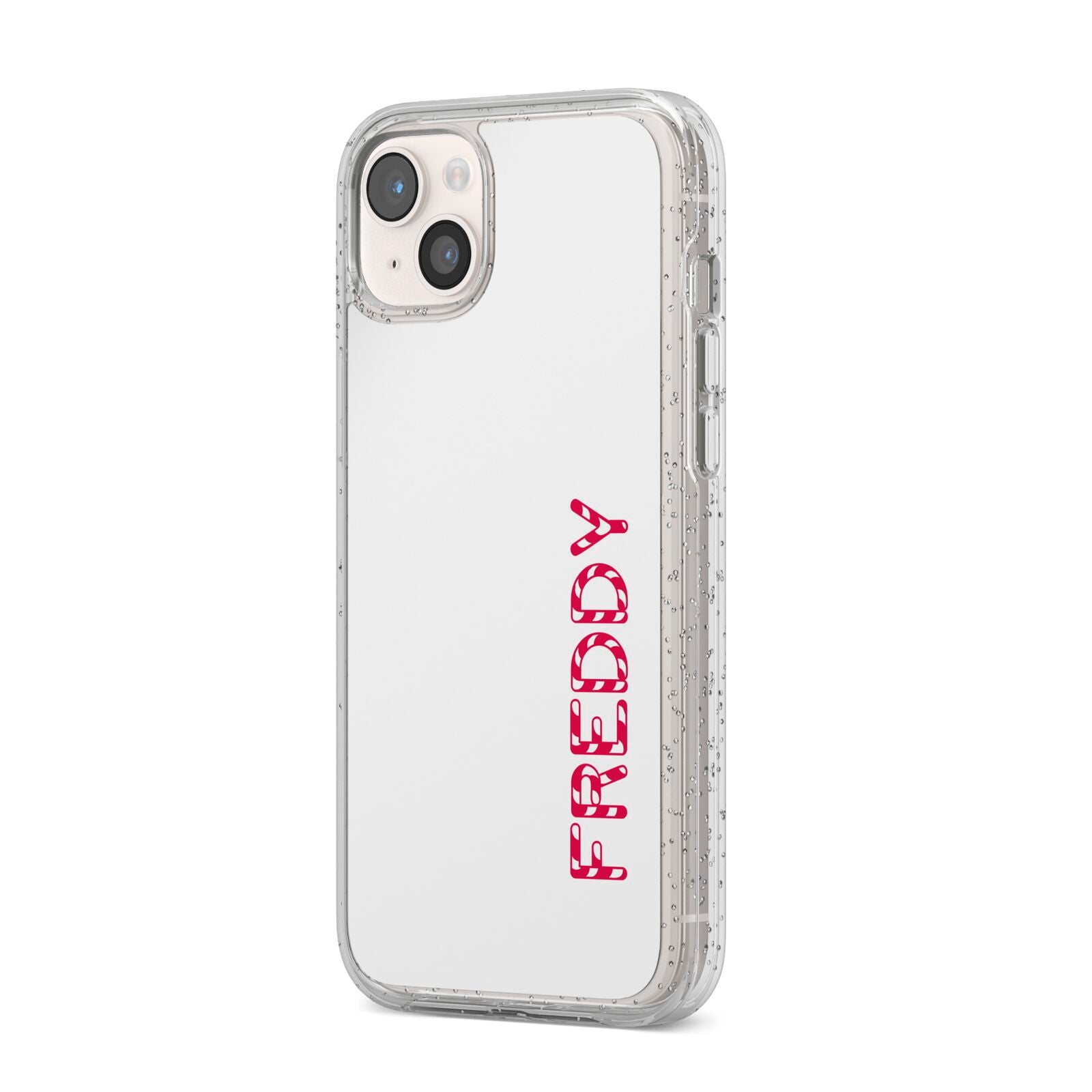 Personalised Candy Cane Name iPhone 14 Plus Glitter Tough Case Starlight Angled Image