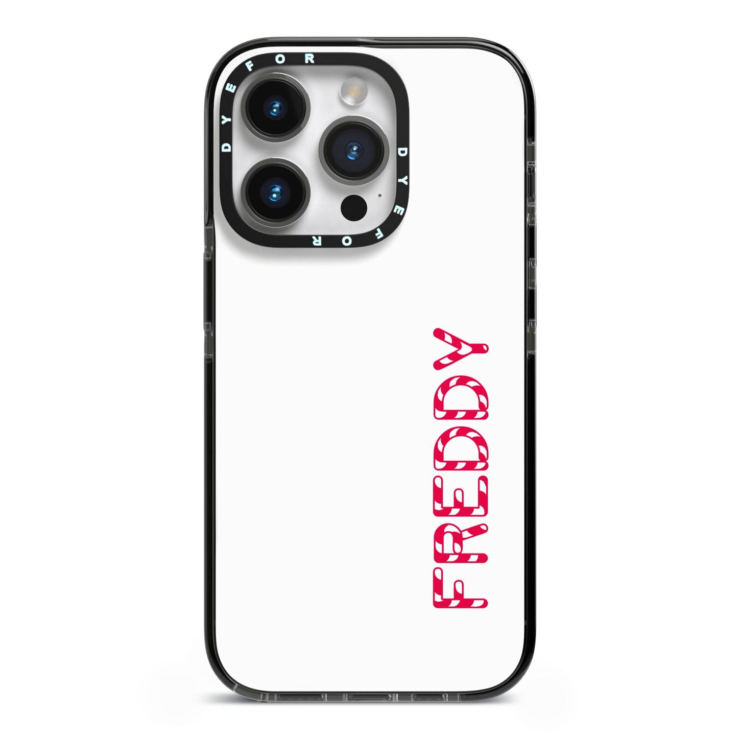 Personalised Candy Cane Name iPhone 14 Pro Black Impact Case on Silver phone