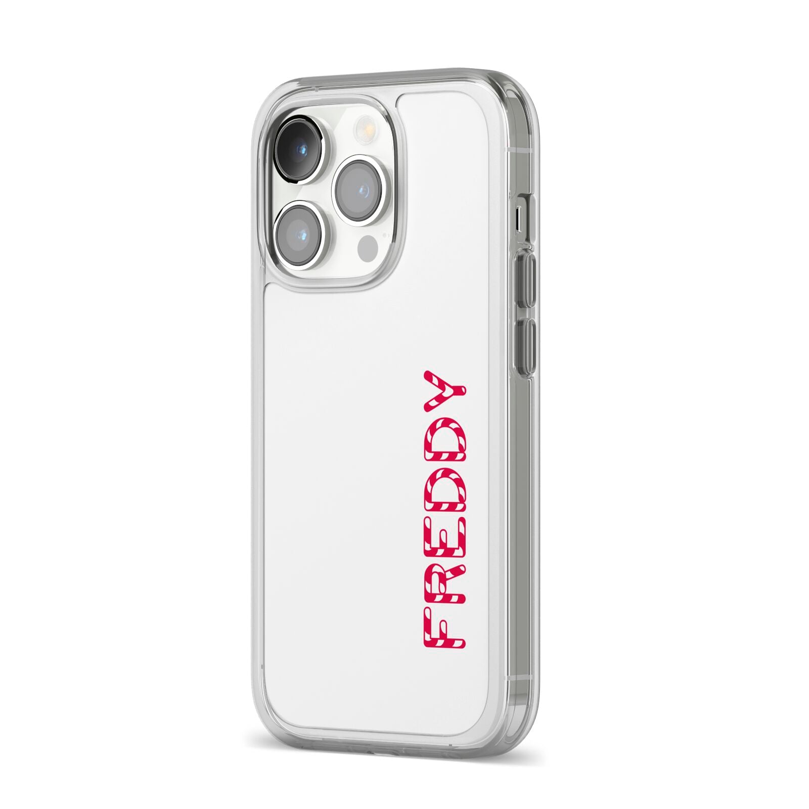 Personalised Candy Cane Name iPhone 14 Pro Clear Tough Case Silver Angled Image