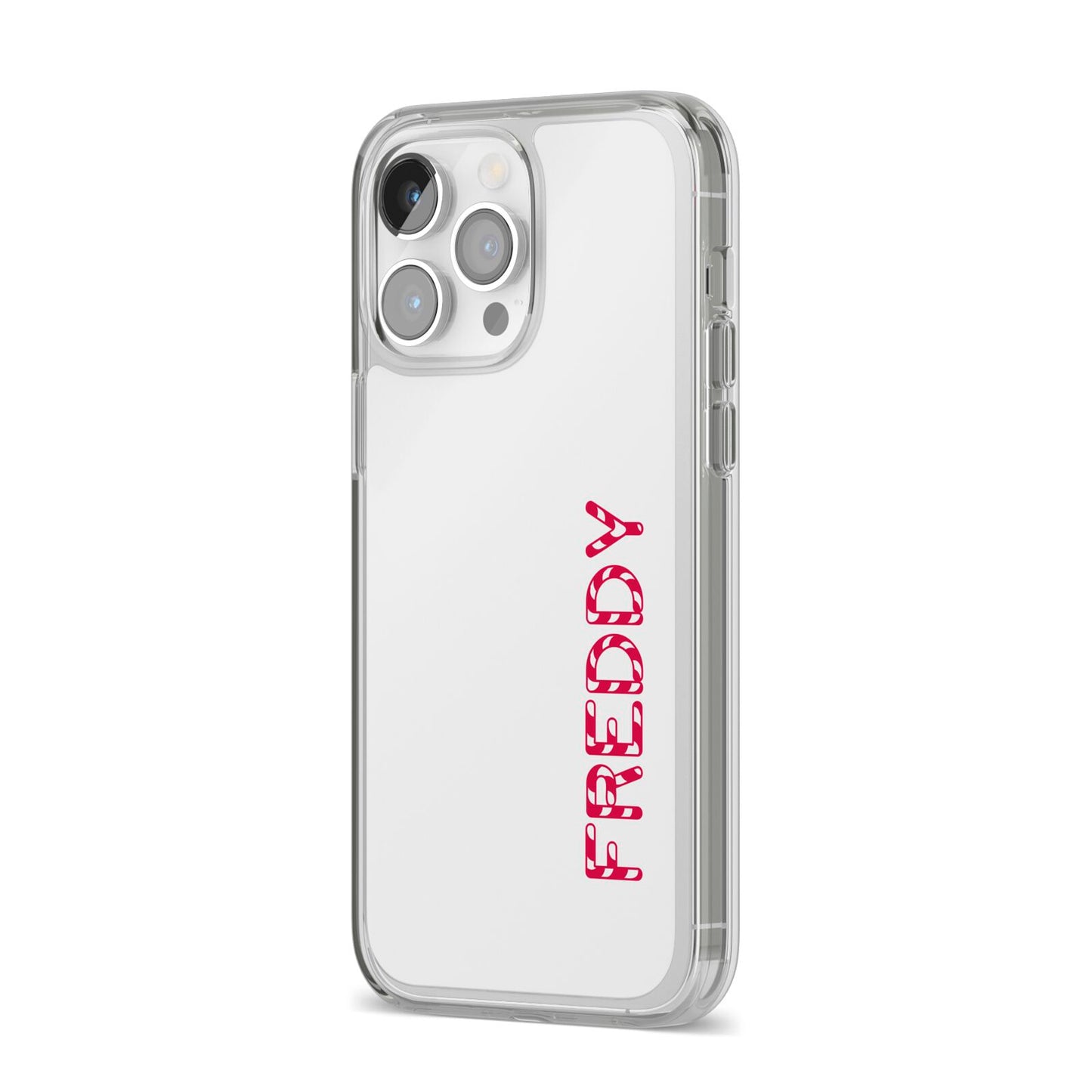 Personalised Candy Cane Name iPhone 14 Pro Max Clear Tough Case Silver Angled Image