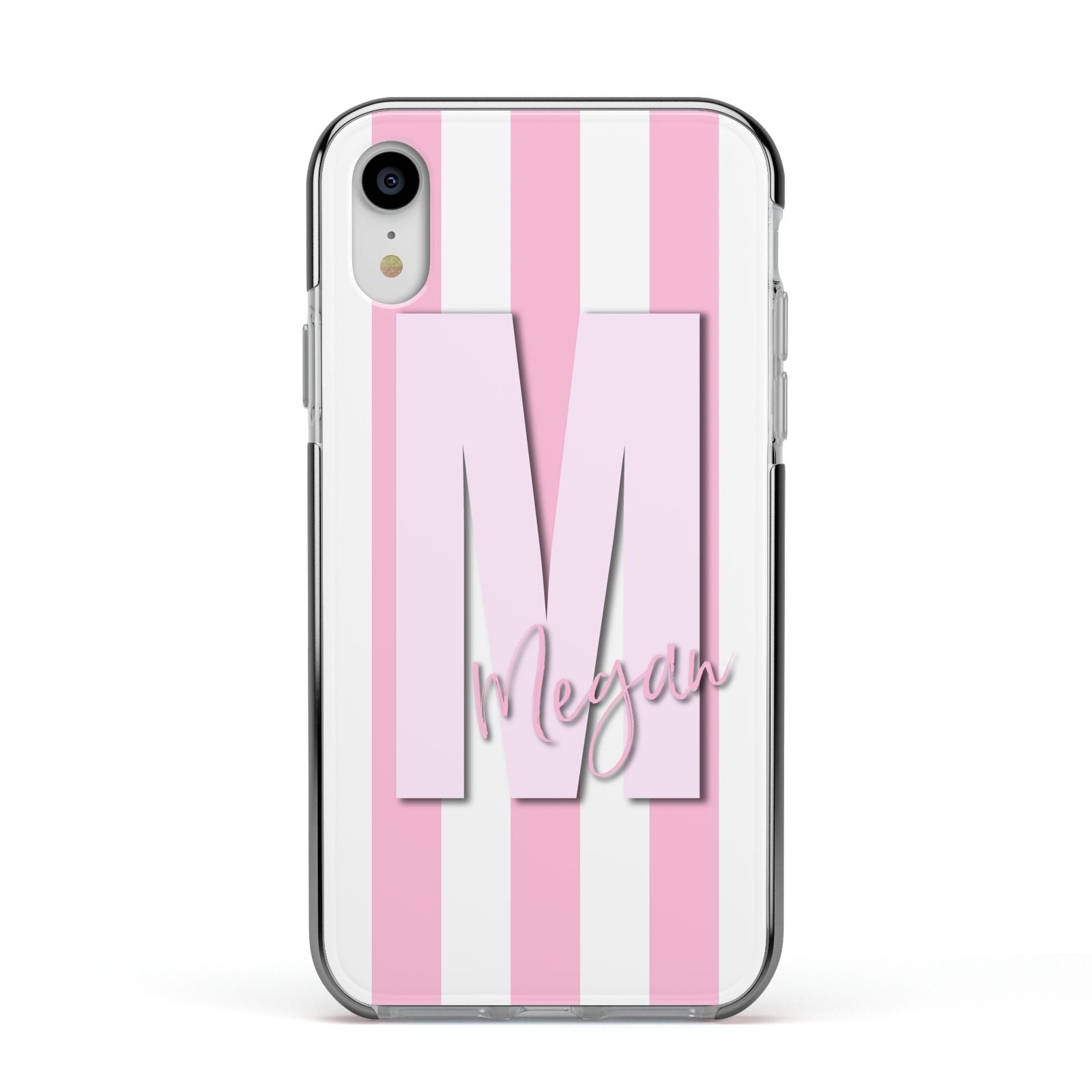 Personalised Candy Stripe Initials Apple iPhone XR Impact Case Black Edge on Silver Phone