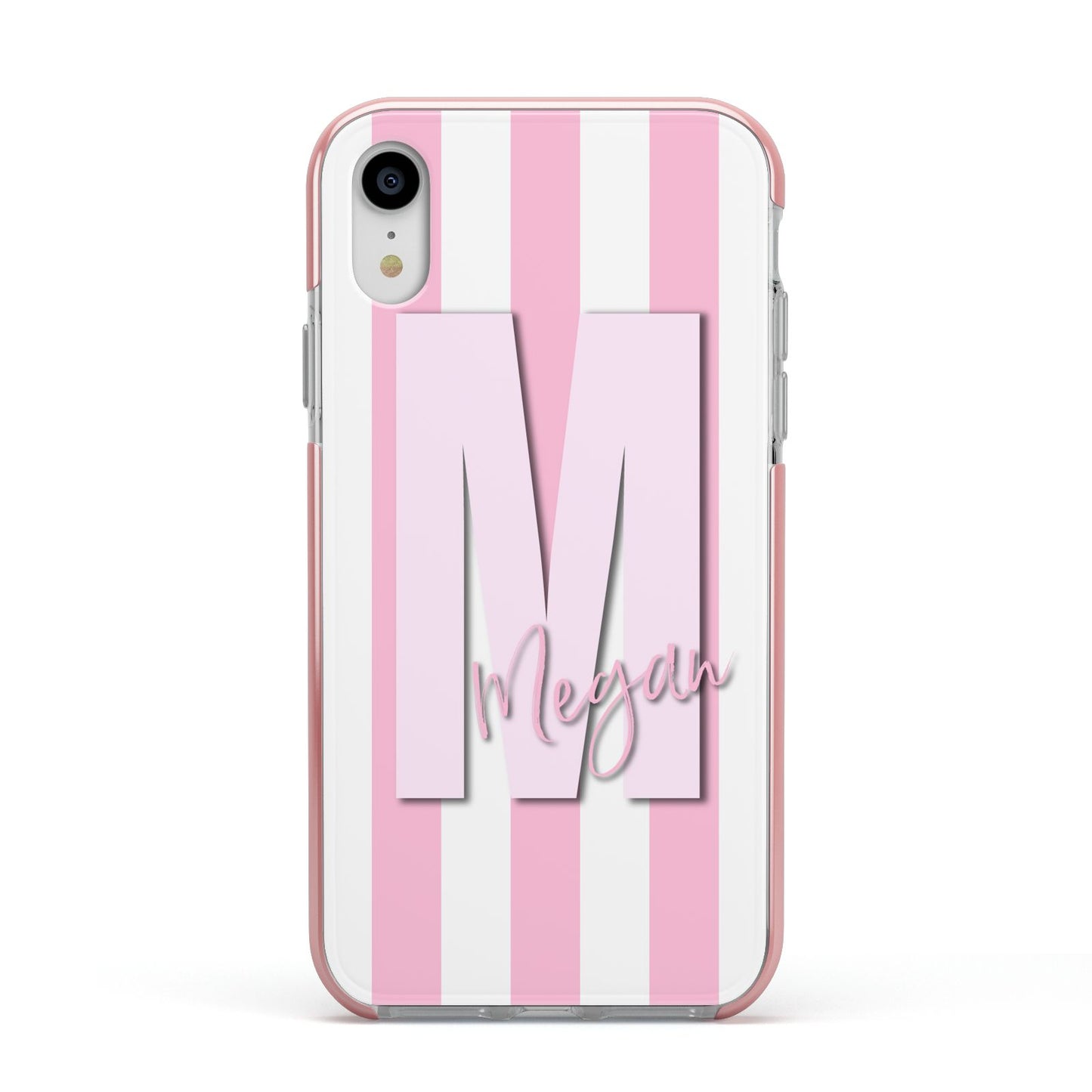 Personalised Candy Stripe Initials Apple iPhone XR Impact Case Pink Edge on Silver Phone