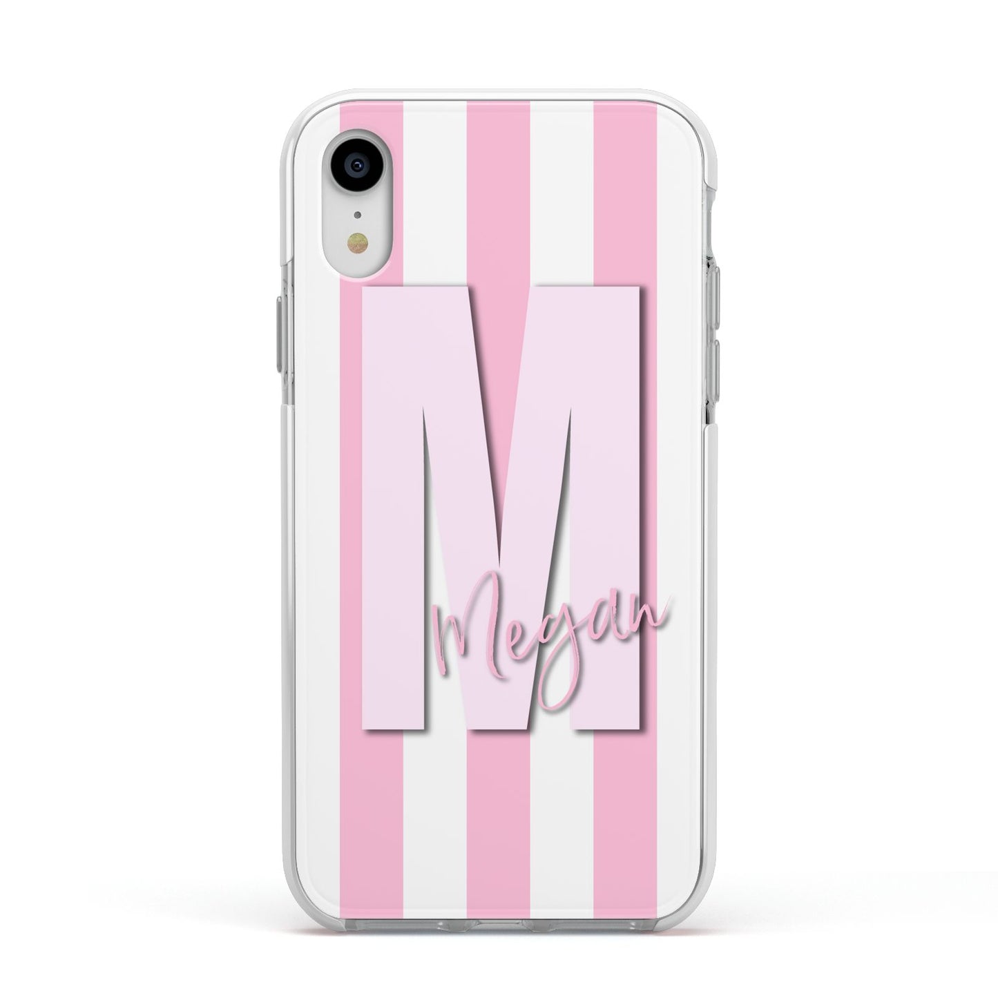 Personalised Candy Stripe Initials Apple iPhone XR Impact Case White Edge on Silver Phone