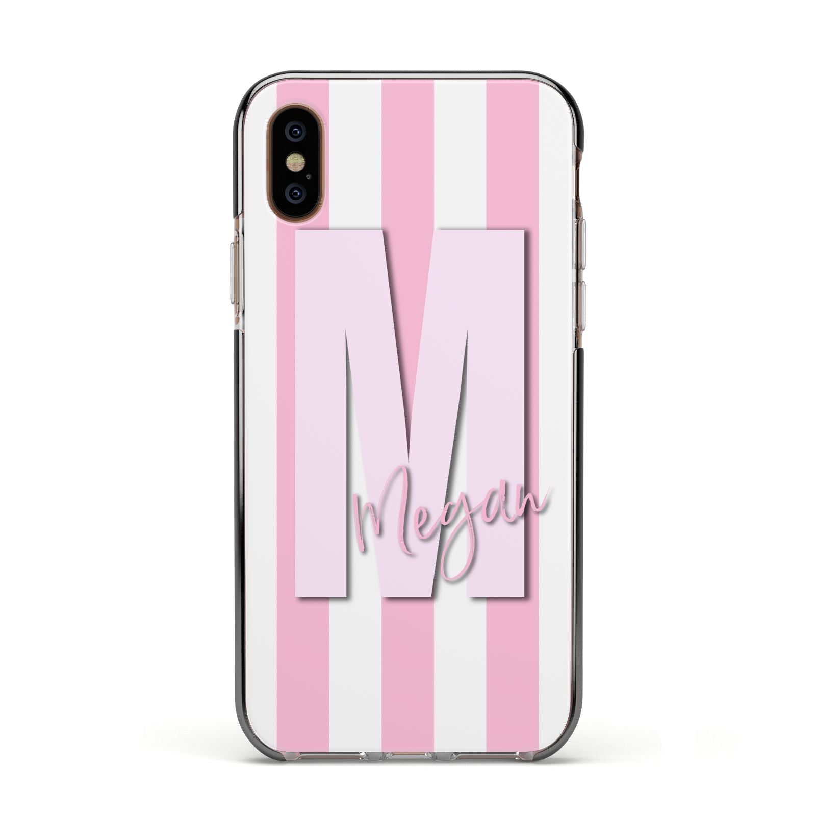 Personalised Candy Stripe Initials Apple iPhone Xs Impact Case Black Edge on Gold Phone