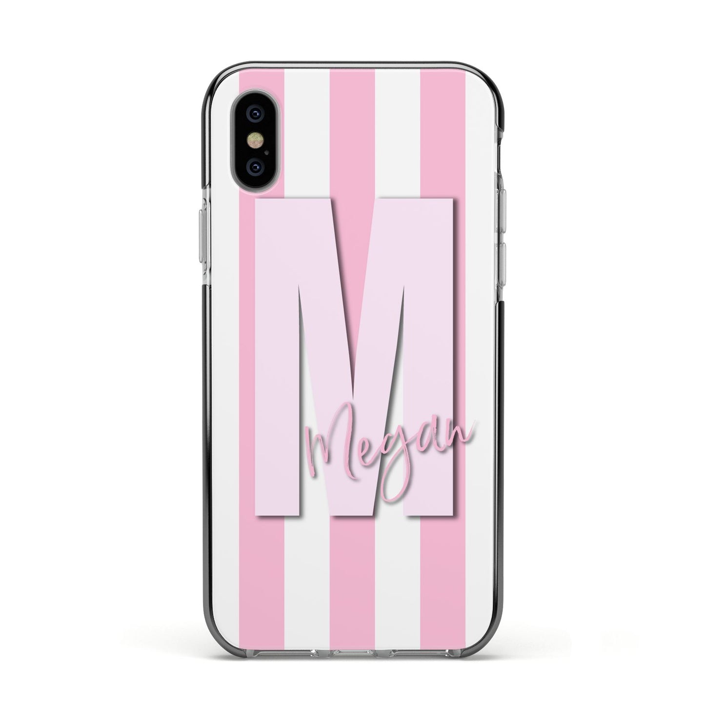 Personalised Candy Stripe Initials Apple iPhone Xs Impact Case Black Edge on Silver Phone