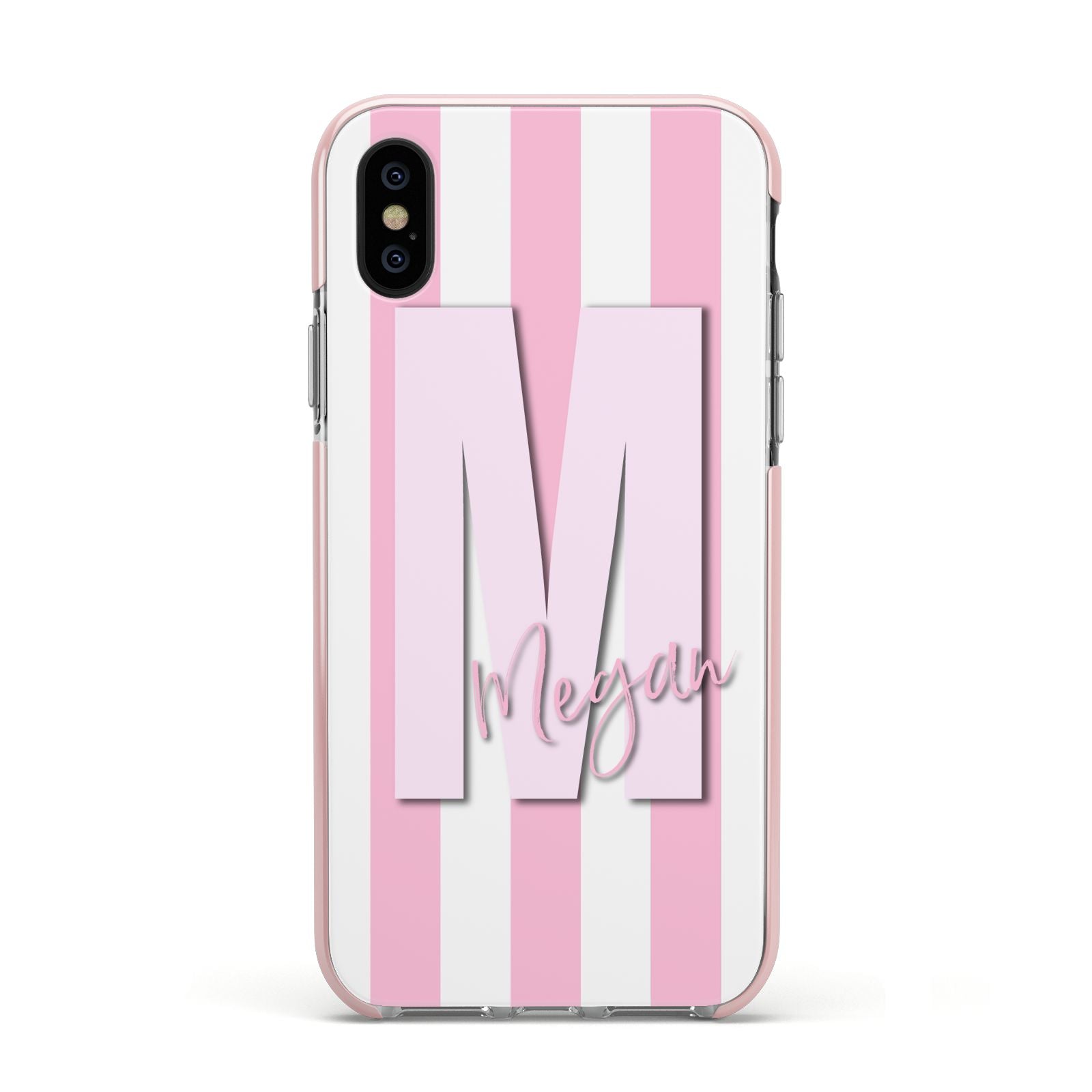 Personalised Candy Stripe Initials Apple iPhone Xs Impact Case Pink Edge on Black Phone