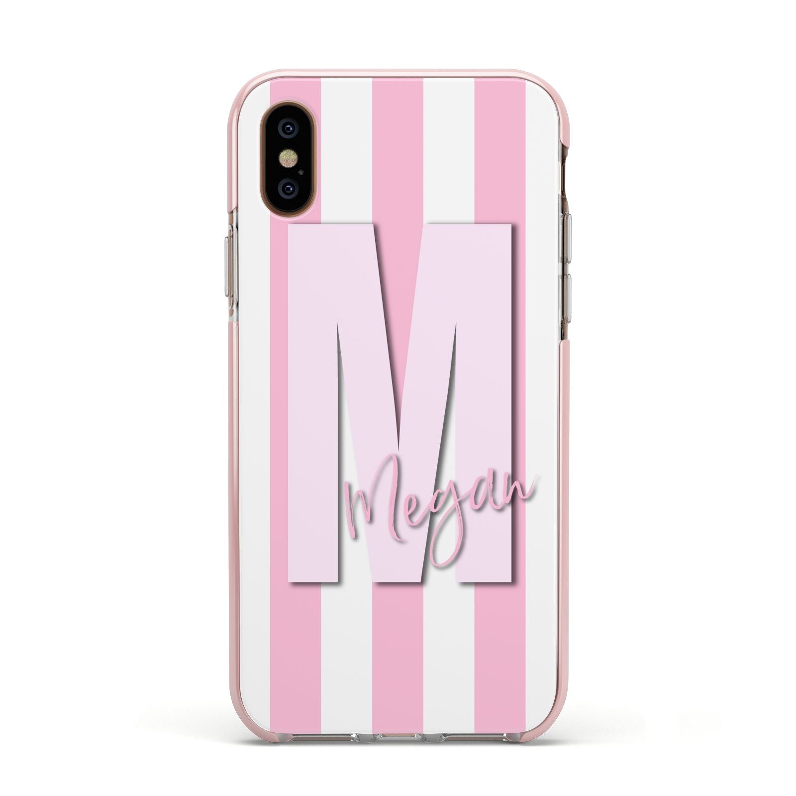 Personalised Candy Stripe Initials Apple iPhone Xs Impact Case Pink Edge on Gold Phone